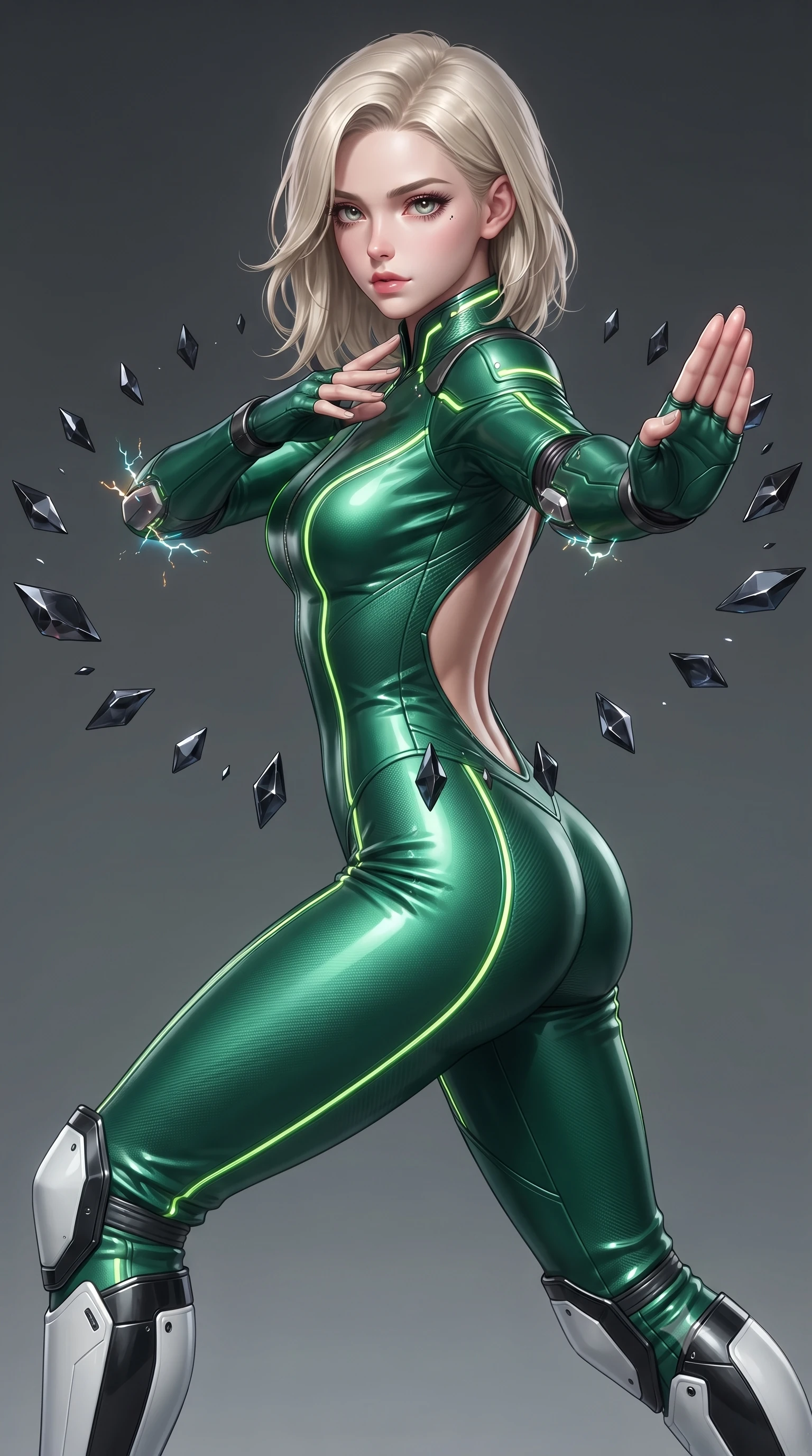 score_9, masterpiece, best quality, ultra-detailed, high-budget anime keyframe, editorial fashion photography, tasteful artistic composition, Caucasian woman. close-up cowboy shot from the waist and thighs up, the character dominates the composition, filling the frame with her large presence. twisting her upper body in a dynamic S-curve martial arts stance, cybernetic elbow dampers emitting subtle electric sparks as she aims a focused palm strike while resting one hand near her clavicle with calm sovereign poise as floating stone shards align around her slender silhouette. The surrounding environment is rendered in vivid detail and crisp panoramic clarity. sharp obsidian stone facet reflections, glowing rune line borders, and Damascus carbon weave texture in deep focus. She has an exceptionally elegant, slender, and willowy female figure with an ultra-slim waist, a gracefully sculpted slender torso, toned flat midriff, and a refined slim silhouette. sharp v-shaped jawline, high-bridge nose, intricate jewel-like eyes with depth, thick eyelashes, glossy lips with a natural sheen, flawlessly proportioned anatomical accuracy, strict slender model proportions, natural body alignment, perfectly sculpted long slender limbs, ultra-slim waistline, clean dynamic posture without body distortion. wearing a tailored emerald-green carbon-fiber tactical jumpsuit with glowing lime LED channels, open cowl back, and reinforced combat shin-guards in monochrome white enamel carbon with high-contrast black panels, crafted from ultra-strong woven carbon-fiber composite with a satin luster, featuring a sleek aerodynamic collar framed by subtle glowing cybernetic status LEDs, the glove-like aerodynamic second-skin fit tightly clinging to her ultra-slender waist and athletic curves without adding bulk, accentuating her razor-sharp statuesque lines and slim hourglass silhouette. illuminated by crisp specular highlights tracing her sculpted flat midriff, bare spine, and slender limbs. ultra-reflective glossy finish, specular highlights, dark metallic sheen, high-contrast stereoscopic depth, volumetric dynamic lighting, 2k, ultra detail, master piece, 9:16 ratio