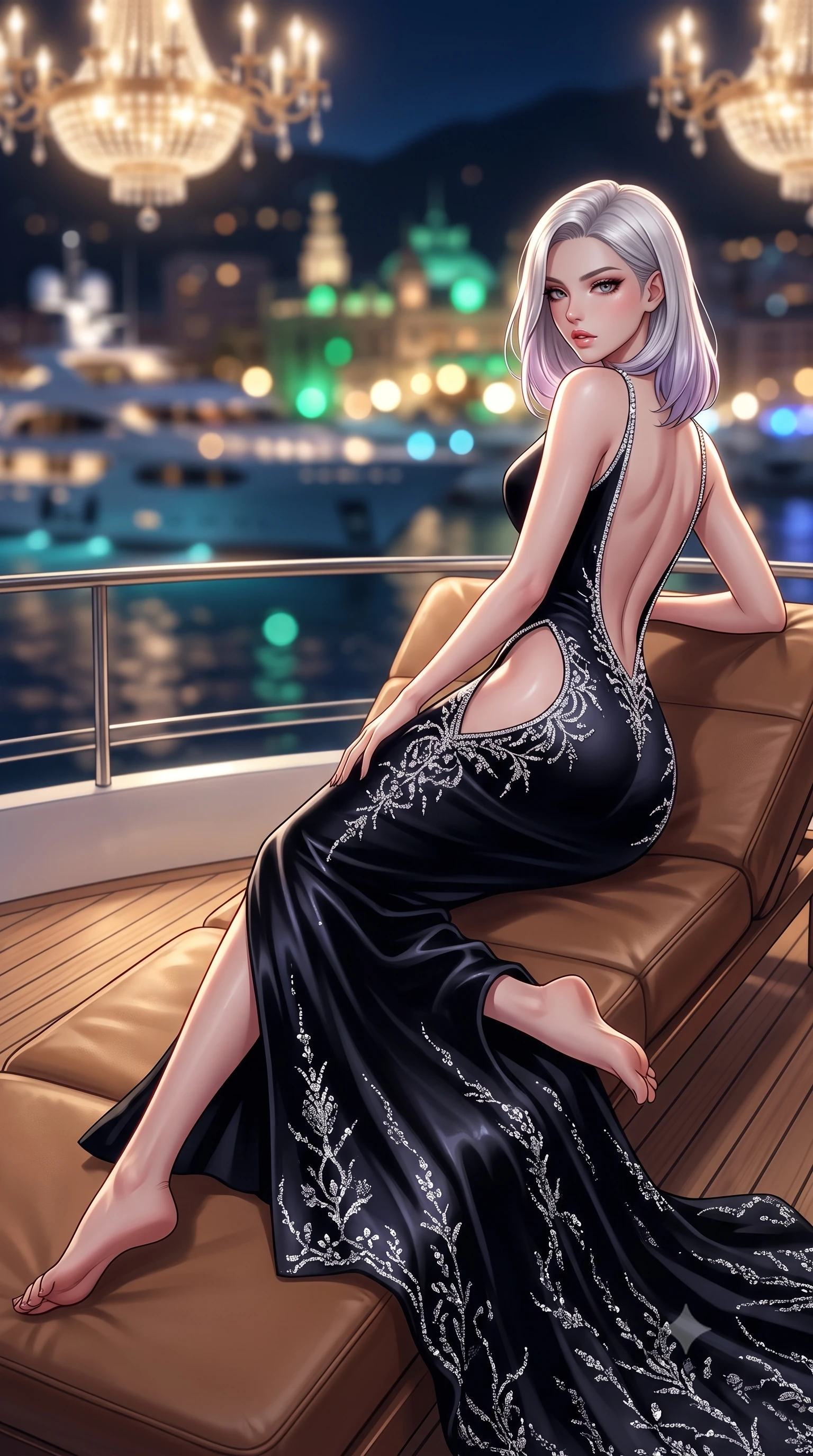 score_9, masterpiece, best quality, ultra-detailed, high-budget anime keyframe, semi-realistic 3D game render, editorial fashion photography, tasteful artistic composition, Caucasian woman. low angle full-body shot from head to toe showing her feet, filling the entire 9:16 vertical frame with her statuesque presence, stretching her vertical silhouette. posing with back turned slightly to the lens, glancing back with smoldering allure as she arches her lower back to emphasize her sculpted feminine hips and slender waist while lounging languidly across an outdoor leather yacht lounger, one leg extended and torso propped on one elbow to accentuate her sweeping hip line. The composition keeps background elements in soft focus with creamy bokeh. glittering Monaco harbor superyacht lights and casino chandeliers blurred into champagne-gold, emerald, and sapphire bokeh. She has an absolutely perfect, statuesque 8.5-heads proportion, an exceptionally tall and slender model-like female figure with impossibly long slender legs, a toned flat midriff, an ultra-slim waist, and beautifully sculpted feminine hips. sharp v-shaped jawline, high-bridge nose, intricate jewel-like eyes with depth, thick eyelashes, glossy parted lips with a natural sheen, intensely captivating and seductive bedroom-eyes expression, flawlessly proportioned anatomical accuracy, strict slender model proportions, natural body alignment, perfectly sculpted long slender limbs, ultra-slim waistline, clean dynamic posture without body distortion. wearing a form-contouring crystal-encrusted evening gown with curved architectural hip cutouts in pitch-black velvet with glittering diamond crystal trim, tailored from ultra-smooth duchess satin with a pearlescent sheen, finished with delicate crystal frost embroidery tracing the plunging neckline, the glove-like aerodynamic silhouette tightly following the natural contour of her hips and long slender legs with statuesque precision. illuminated by crisp directional spotlights sharply defining her narrow waistline, sculpted spine, and curvy hips. highly saturated vibrant anime colors, detailed shading with soft gradients, rich glossy textures, high-contrast stereoscopic depth, volumetric dynamic lighting, master piece, 9:16 ratio