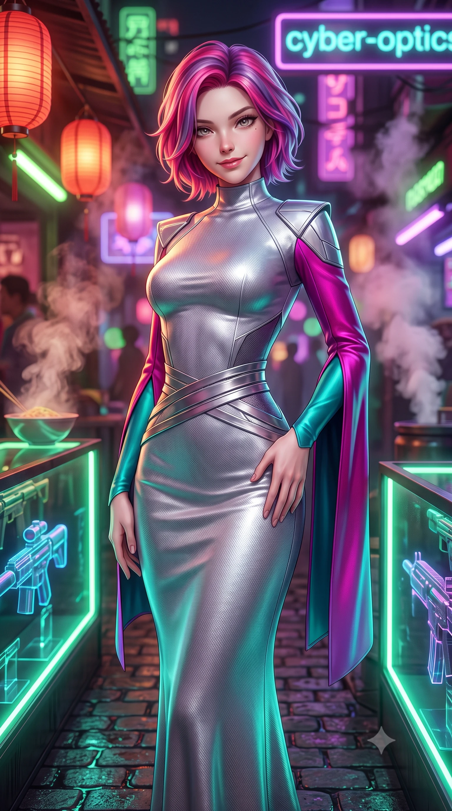 score_9, masterpiece, best quality, ultra-detailed, high-budget anime keyframe, semi-realistic 3D game render, editorial fashion photography, tasteful artistic composition, Caucasian woman. close-up cowboy shot from the waist and thighs up, the character dominates the composition, filling the frame with her large presence. tilting her head with a teasing half-smile, running one hand slowly down the side of her hip in a flirtatious S-curve as ambient light caresses her silhouette while standing poised on the wet cobblestones between glowing holographic weapon display cases, arching her spine with seductive combat poise as aromatic noodle steam rises. The background shows a soft-focus glowing neon signs for illegal cyber-optics, paper lanterns retrofitted with LEDs, and dense steam vents blurred into ruby, emerald, and violet bokeh. She has an exceptionally elegant, slender, and willowy female figure with an ultra-slim waist, flat toned midriff, narrow ribcage, and sculpted feminine hips creating an alluring, slim hourglass silhouette without bulk. sharp v-shaped jawline, high-bridge nose, intricate jewel-like sparkling eyes with depth, thick eyelashes, glossy parted lips with a natural peach sheen, bright cheerful beaming smile with an enchanting and coquettish sensual glint, exuding both youthful cute charm and seductive allure, flawlessly proportioned anatomical accuracy, strict slender model proportions, natural body alignment, perfectly sculpted long slender limbs, ultra-slim waistline, clean dynamic posture without body distortion. wearing an elegant high-neck diplomatic sci-fi gown made of bioluminescent silver silk with structured geometric shoulder plates and long flowing sleeves in Kowloon neon magenta and electric teal, woven from structured carbon-fiber jacquard with rich textural depth, complemented by strappy stiletto sandals with metallic ankle wraps accentuating her slender calves, the bespoke structured tailoring following the natural line of her 8.5-heads silhouette with refined elegance. bathed in warm 2200K crimson lantern light combined with vibrant green and ultraviolet market stall tube lights. highly saturated vibrant anime colors, detailed shading with soft gradients, rich glossy textures, high-contrast stereoscopic depth, volumetric dynamic lighting, master piece, 9:16 ratio