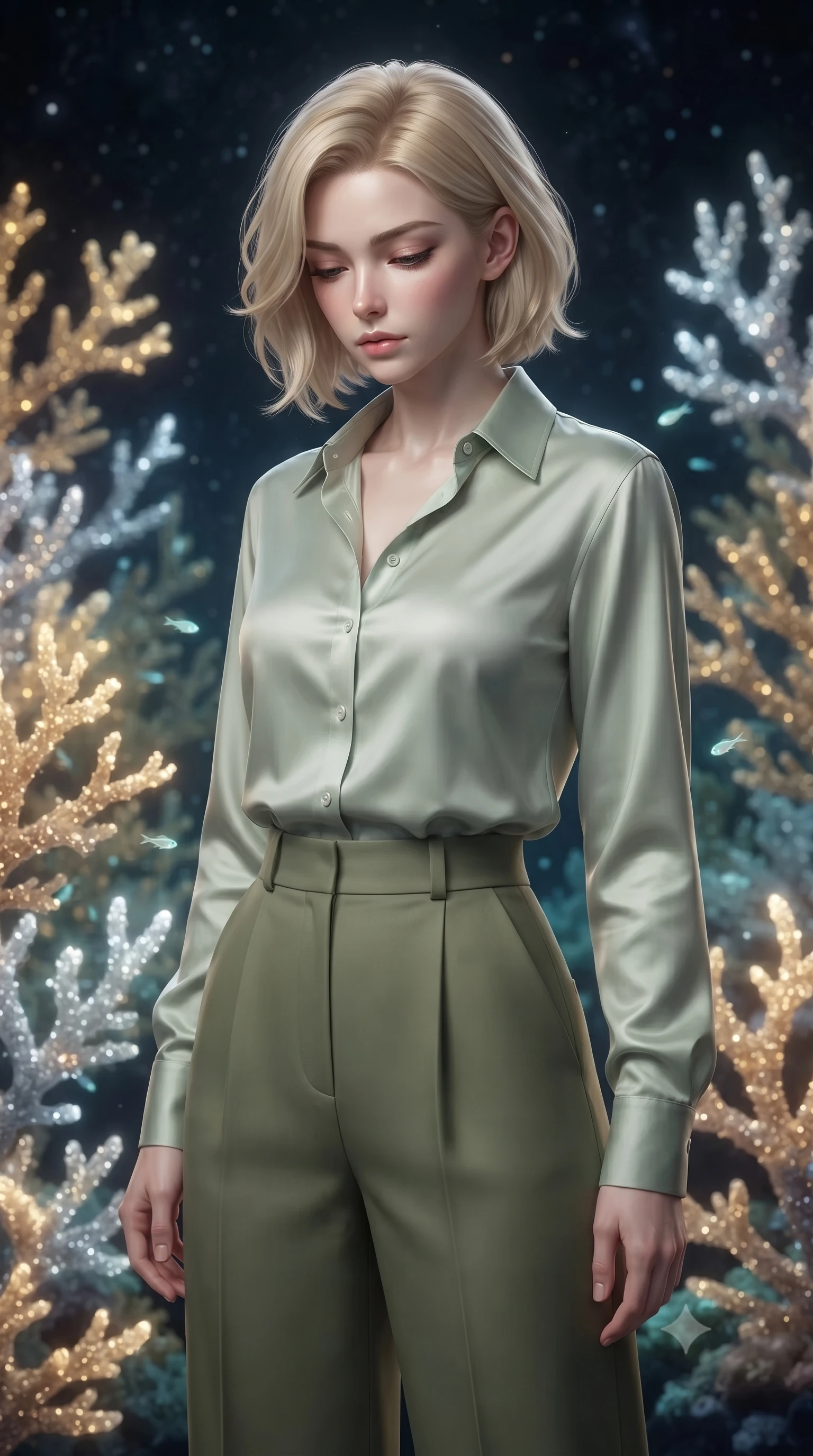 score_9, masterpiece, best quality, ultra-detailed, high-budget anime keyframe, editorial fashion photography, tasteful artistic composition, Caucasian woman, strictly human ears. close-up cowboy shot from the waist and thighs up, the character dominates the composition, filling the frame with her large presence, background elements kept in soft focus. Looking down with lowered lashes and a composed powerful expression. set against a soft-focus background of an underwater-like garden where coral formations are made entirely of solidified starlight in gold and silver their branches delicate as filigree swaying gently in cosmic currents with tiny light-fish darting between them. She has an exceptionally elegant and slender, willowy female figure with an ultra-slim waist, a gracefully sculpted slender torso, and a refined slim physique. sharp v-shaped jawline, high-bridge nose, intricate jewel-like eyes with depth, thick eyelashes, glossy lips with a natural sheen. wearing a pale sage green button-down silk shirt tucked into high-waisted olive green wide-leg trousers. the starlight coral branches emit their own warm gold and cool silver glow creating a dual-toned bioluminescent garden atmosphere against the dark cosmic backdrop. 2k, ultra detail, master piece, 9:16 ratio