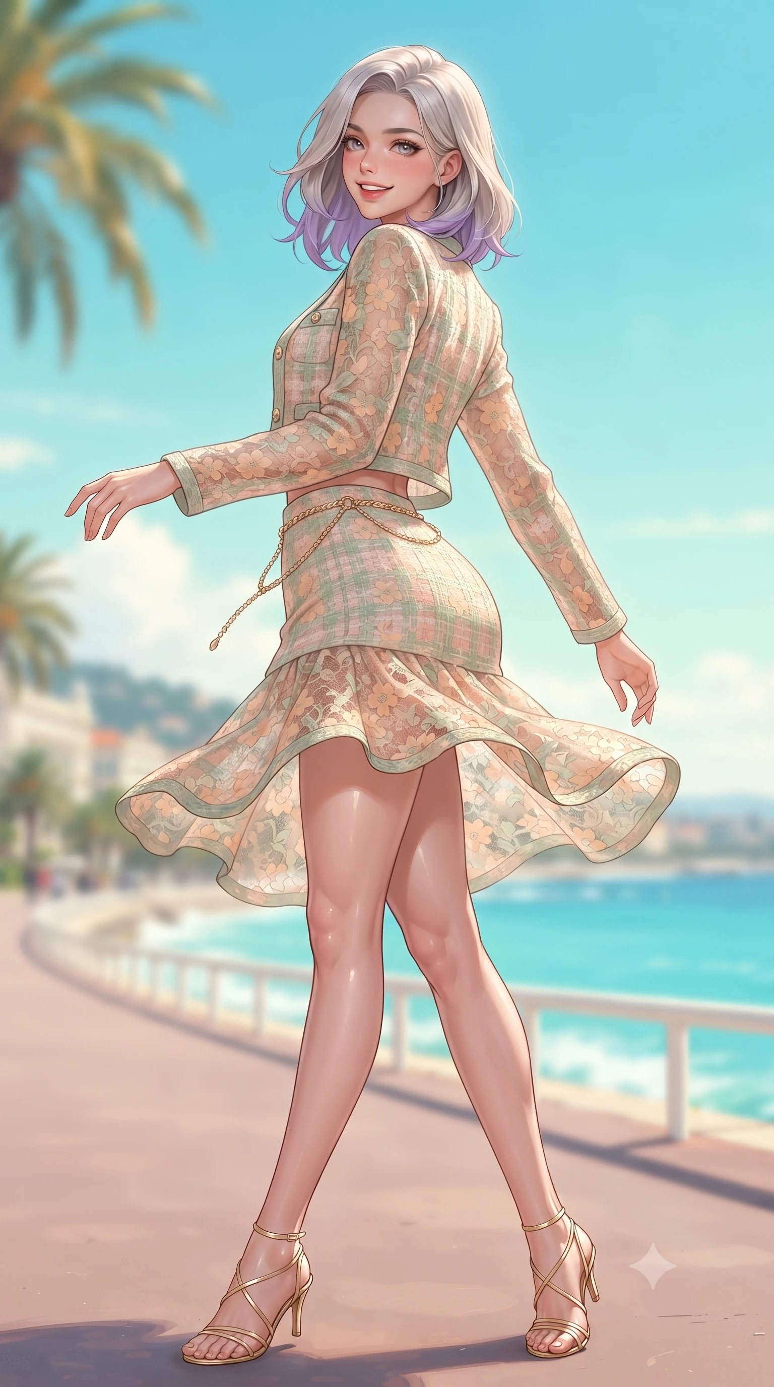 score_9, masterpiece, best quality, ultra-detailed, high-budget anime keyframe, editorial fashion photography, tasteful artistic composition, Caucasian woman. low angle full-body shot from head to toe showing her feet, filling the entire 9:16 vertical frame with her statuesque presence, stretching her vertical silhouette. executing a cheerful mid-motion pivot turn as her skirt flutters around her slender legs, glancing over her shoulder with an intoxicating, teasing cute expression while striding gracefully down the iconic seaside promenade lined with palm trees, arching her back with a radiant, carefree smile as turquoise waves roll in. The composition keeps background elements in soft focus with dreamy creamy bokeh. undulating turquoise waves of the Baie des Anges and towering palm fronds blurred into vivid cyan, aquamarine, and golden honey bokeh. She has an exceptionally tall and slender model-like 8.5-heads proportion, an ultra-slim waist, a flat toned midriff, narrow delicate ribcage, and beautifully sculpted feminine hips creating a graceful, slim hourglass silhouette without any bulky heaviness, with impossibly long slender legs. sharp v-shaped jawline, high-bridge nose, intricate jewel-like sparkling eyes with depth, thick eyelashes, glossy parted lips with a natural peach sheen, bright cheerful beaming smile with an enchanting and coquettish sensual glint, exuding both youthful cute charm and seductive allure, flawlessly proportioned anatomical accuracy, strict slender model proportions, natural body alignment, perfectly sculpted long slender limbs, ultra-slim waistline, clean dynamic posture without body distortion. wearing a cute pastel tweed two-piece set with a cropped jacket and ultra-fitted high-waisted mini skirt tracing her hips in soft apricot and sage green, made of sheer contouring stretch lace with delicate floral patterns, accented with a delicate gold chain belt resting loosely on her curvy hips, the liquid-tight tailored fabric clinging flawlessly to her narrow waist and rounded feminine hips, emphasizing every millimeter of her sculpted slim hourglass curves without any bulky heaviness. illuminated by intense turquoise sea surface bounce fill sharply sculpting her razor-sharp jawline, narrow waist, and curvy hips. ultra-reflective glossy finish, specular highlights, rich textural contrasts, high-contrast stereoscopic depth, volumetric dynamic lighting, 2k, ultra detail, master piece, 9:16 ratio