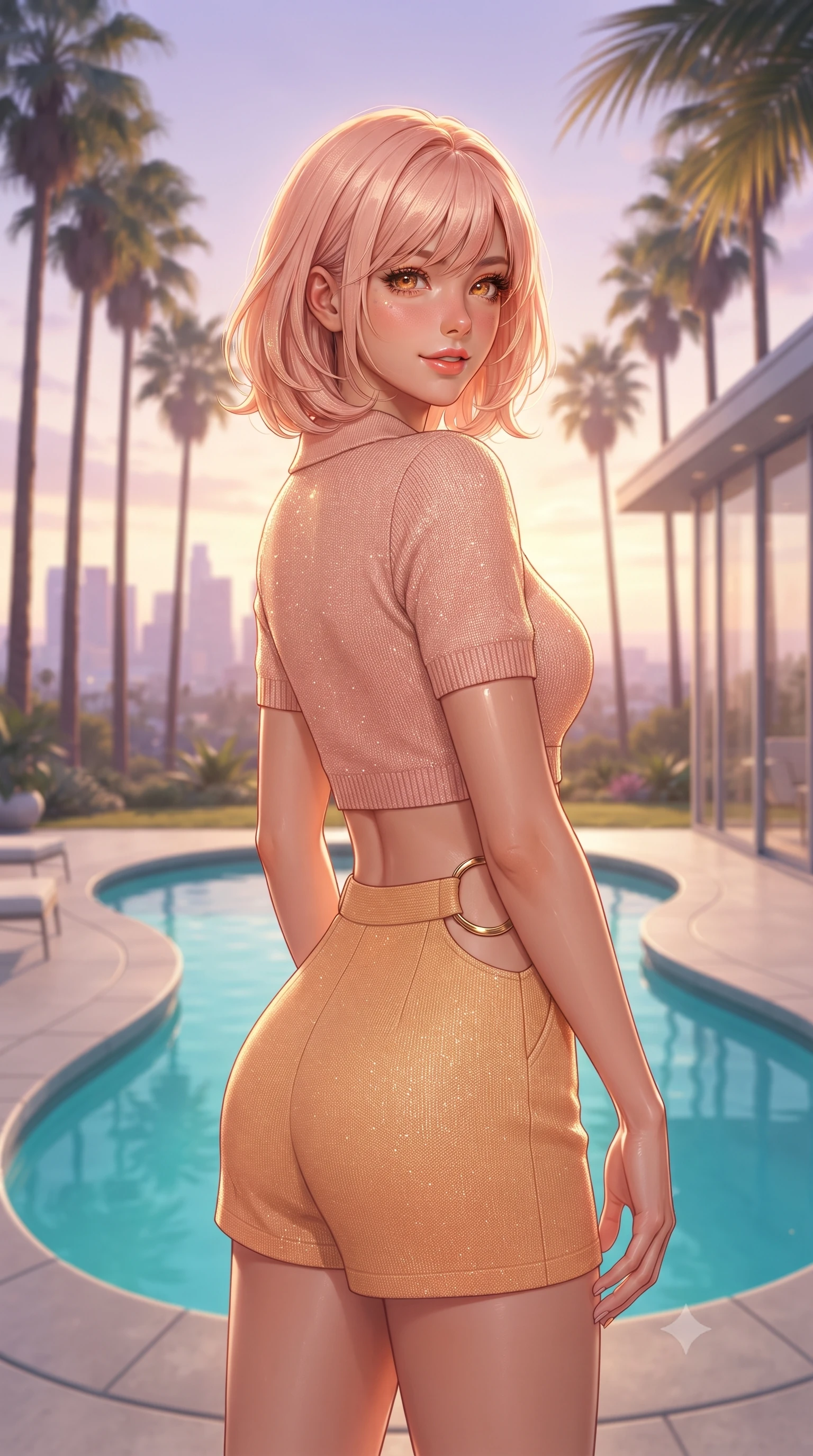 score_9, masterpiece, best quality, ultra-detailed, high-budget anime keyframe, editorial fashion photography, tasteful artistic composition, Japanese woman. close-up cowboy shot from the waist and thighs up, the character dominates the composition, filling the frame with her large presence. posing in an alluring rear three-quarter angle, turning over a bare shoulder with an intoxicating sunlit gaze, her hips cocked back to highlight her slim hourglass curve while standing poised beside the turquoise kidney-shaped pool outside the glass-walled villa, arching her back with glamorous Hollywood starlet poise. The composition keeps background elements in soft focus with dreamy creamy bokeh. rows of towering California fan palms and the Los Angeles skyline bathed in twilight blurred into pastel violet, peach, and gold bokeh. She has an exceptionally elegant, slender, and willowy female figure with an ultra-slim waist, flat toned midriff, narrow ribcage, and sculpted feminine hips creating an alluring, slim hourglass silhouette without bulk. sharp v-shaped jawline, high-bridge nose, sparkling amber-hazel eyes with depth, long lush eyelashes, glossy sun-kissed lips with a warm coral glaze, radiant teasing smile with sensual sunlit bedroom-eyes, exuding effortless old-money elegance and intoxicating sun-drenched allure, flawlessly proportioned anatomical accuracy, strict slender model proportions, natural body alignment, perfectly sculpted long slender limbs, ultra-slim waistline, clean dynamic posture without body distortion. wearing a chic cropped knit polo sweater paired with high-cut tailored tennis shorts hugging her rounded hips in soft peach blossom pink and warm apricot gold, woven from delicate metallic lurex thread catching the golden hour sunbeams, accented with sculptural gold ring hardware framing the subtle side cutouts, the high-waisted tailoring accentuating her ultra-slim waistline and the enchanting curve of her feminine hips with alluring sunlit charm. bathed in golden California sunset light filtering through palm fronds. ultra-reflective glossy finish, specular highlights, rich textural contrasts, high-contrast stereoscopic depth, volumetric dynamic lighting, 2k, ultra detail, master piece, 9:16 ratio