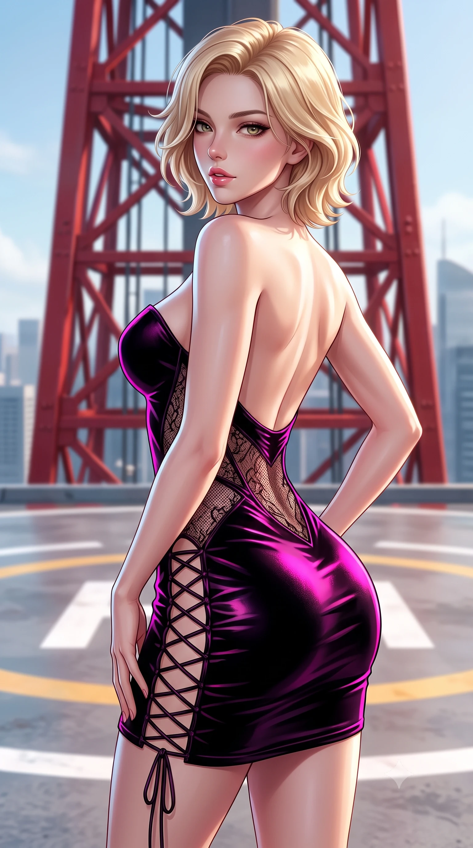 score_9, masterpiece, best quality, ultra-detailed, high-budget anime keyframe, semi-realistic 3D game render, editorial fashion photography, tasteful artistic composition, Caucasian woman. close-up cowboy shot from the waist and thighs up, the character dominates the composition, filling the frame with her large presence. posing in an alluring rear three-quarter angle, looking over a bare shoulder with parted glossy lips, her hips cocked back to highlight her slim hourglass curve while standing tall on the giant painted rooftop helipad with hips cocked back, arching her spine with effortless supermodel poise against the red tower. The background shows a soft-focus helicopter landing circle markings softened in breezy metropolitan rooftop shallow focus. She has an exceptionally elegant, slender, and willowy female figure with an ultra-slim waist, flat toned midriff, narrow ribcage, and sculpted feminine hips creating an alluring, slim hourglass silhouette without bulk. sharp v-shaped jawline, high-bridge nose, sparkling eyes with hypnotic seductive depth, thick curled eyelashes, glossy parted lips with a natural dewy peach sheen, alluring bedroom-eyes with an enchanting coquettish smile, exuding magnetic siren charisma and sophisticated glamour, flawlessly proportioned anatomical accuracy, strict slender model proportions, natural body alignment, perfectly sculpted long slender limbs, ultra-slim waistline, clean dynamic posture without body distortion. wearing a deep sweetheart-neckline velvet bodycon dress with sheer side-torso cutouts accentuating her hourglass curves in wet-look onyx black with electric fuchsia reflections, crafted from fluid liquid silk satin that clings smoothly to every curve with a dewy sheen, featuring fine criss-cross lace-up side ties revealing tantalizing glimpses of her hip curve, the precision-cut side openings and low-back scoop framing her graceful spine and the sensual sweep of her slim, toned hips. illuminated by helipad floodlight bounce and sharp platinum rim lights sculpting her jawline, flat midriff, and curvaceous hips. highly saturated vibrant anime colors, detailed shading with soft gradients, rich glossy textures, high-contrast stereoscopic depth, volumetric dynamic lighting, master piece, 9:16 ratio