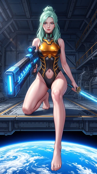 score_9, masterpiece, best quality, ultra-detailed, high-budget anime keyframe, semi-realistic 3D game render, editorial fashion photography, tasteful artistic composition, Japanese woman. low angle full-body shot from head to toe showing her feet, f