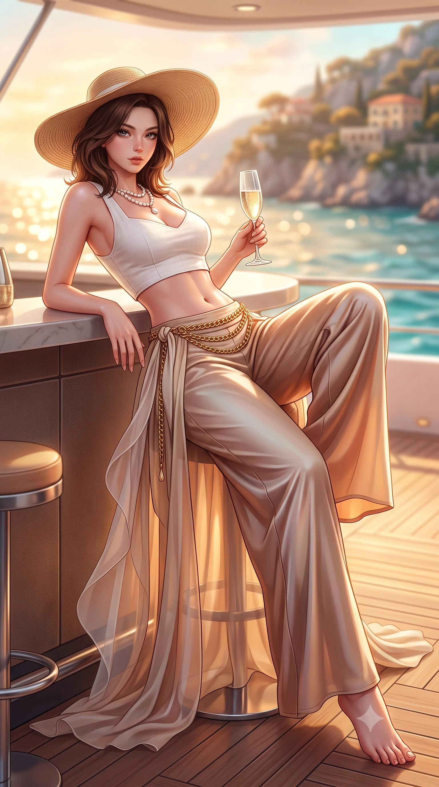 score_9, masterpiece, best quality, ultra-detailed, high-budget anime keyframe, semi-realistic 3D game render, editorial fashion photography, tasteful artistic composition, Korean woman. low angle full-body shot from head to toe showing her feet, filling the entire 9:16 vertical frame with her statuesque presence, stretching her vertical silhouette. reclining on her side in an elegant Cleopatra pose with one knee drawn up, the dramatic contour of her rounded hips and long slender legs commanding the 9:16 vertical frame while leaning against the yacht's outdoor bar with hips shifted to one side, holding a champagne flute while locking smoldering eyes with the viewer. The composition keeps background elements in soft focus with creamy bokeh. glittering golden Mediterranean waves and distant coastal cliff villas blurred into molten amber, peach, and turquoise bokeh. She has an absolutely perfect, statuesque 8.5-heads proportion, an exceptionally tall and slender model-like female figure with impossibly long slender legs, a toned flat midriff, an ultra-slim waist, and beautifully sculpted feminine hips. sharp v-shaped jawline, high-bridge nose, intricate jewel-like eyes with depth, thick eyelashes, glossy parted lips with a natural sheen, intensely captivating and seductive bedroom-eyes expression, flawlessly proportioned anatomical accuracy, strict slender model proportions, natural body alignment, perfectly sculpted long slender limbs, ultra-slim waistline, clean dynamic posture without body distortion. wearing a tailored white linen crop top paired with low-slung flowing silk palazzo pants and a gold chain belt in desert sand beige and pearlescent bronze, woven from sheer cascading chiffon that flutters with every ocean breeze, complemented by a wide-brim woven straw hat and pearl drop necklace, the liquid-tight tailored fabric clinging flawlessly to her narrow waist and rounded feminine hips, emphasizing every millimeter of her sculpted hourglass curves during movement. surrounded by an opulent, sun-drenched, and breathtakingly seductive jet-set heiress aura. highly saturated vibrant anime colors, detailed shading with soft gradients, rich glossy textures, high-contrast stereoscopic depth, volumetric dynamic lighting, master piece, 9:16 ratio