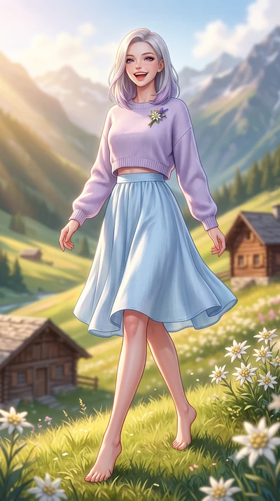 score_9, masterpiece, best quality, ultra-detailed, high-budget anime keyframe, semi-realistic 3D game render, editorial fashion photography, tasteful artistic composition, Caucasian woman. low angle full-body shot from head to toe showing her feet, 