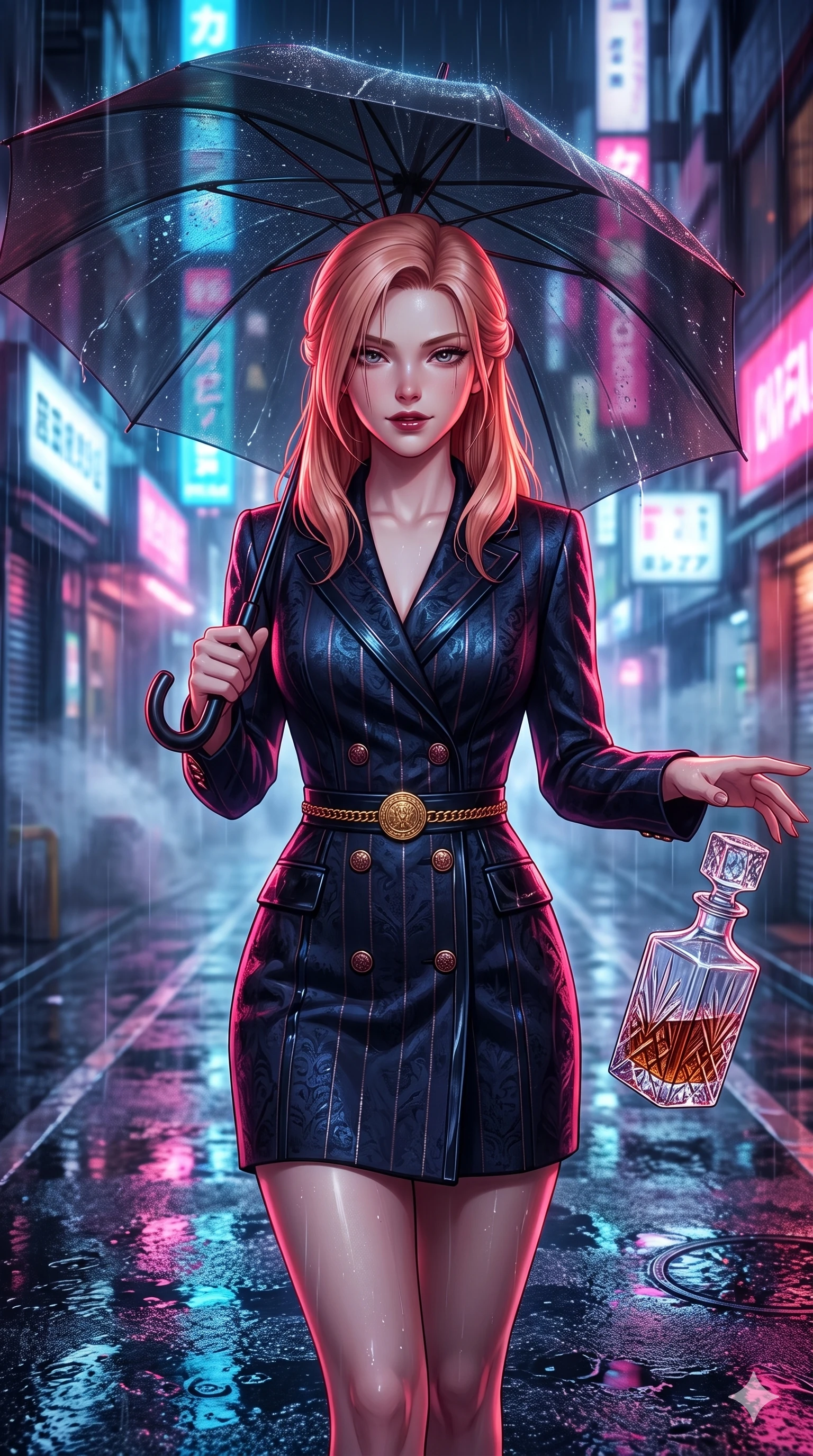 score_9, masterpiece, best quality, ultra-detailed, high-budget anime keyframe, semi-realistic 3D game render, editorial fashion photography, tasteful artistic composition, Japanese woman. close-up cowboy shot from the waist and thighs up, the character dominates the composition, filling the frame with her large presence. twisting her slender torso in an alluring S-curve while reaching for a vintage crystal decanter, her dark tailored fit highlighting her hourglass curves while walking dynamically down the glistening wet asphalt alley beneath a translucent black umbrella, hips swaying gracefully in a captivating supermodel rhythm. The surrounding environment is rendered in vivid detail and crisp panoramic clarity: detailed liquid-look vinyl mini dress tailoring, gold snake chain belt, and urban Ginza architecture in razor-sharp precision. She has an exceptionally elegant, slender, and willowy female figure with an ultra-slim waist, flat toned midriff, narrow ribcage, and sculpted feminine hips creating an alluring, slim hourglass silhouette without bulk. sharp v-shaped jawline, high-bridge nose, intricate jewel-like dark sparkling eyes with dangerous depth, thick curled eyelashes, glossy parted lips with a rich wine sheen, smoldering seductive half-smile with bedroom-eyes, exuding effortless superiority and intoxicating dark allure, flawlessly proportioned anatomical accuracy, strict slender model proportions, natural body alignment, perfectly sculpted long slender limbs, ultra-slim waistline, clean dynamic posture without body distortion. wearing an aristocratic double-breasted midnight blazer dress with metallic pinstripes and crested buttons in dark mulberry wine and antique champagne, tailored from rich silk jacquard with subtle embossed baroque patterns, finished with an authentic engraved gold medallion and obsidian cabochons, the bespoke structured tailoring following the natural line of her 8.5-heads silhouette with refined elegance. illuminated by wet pavement neon puddle bounce and sharp scarlet-magenta rim lights sculpting her razor-sharp jawline, narrow waist, and curvy hips. highly saturated vibrant anime colors, detailed shading with soft gradients, rich glossy textures, high-contrast stereoscopic depth, volumetric dynamic lighting, master piece, 9:16 ratio