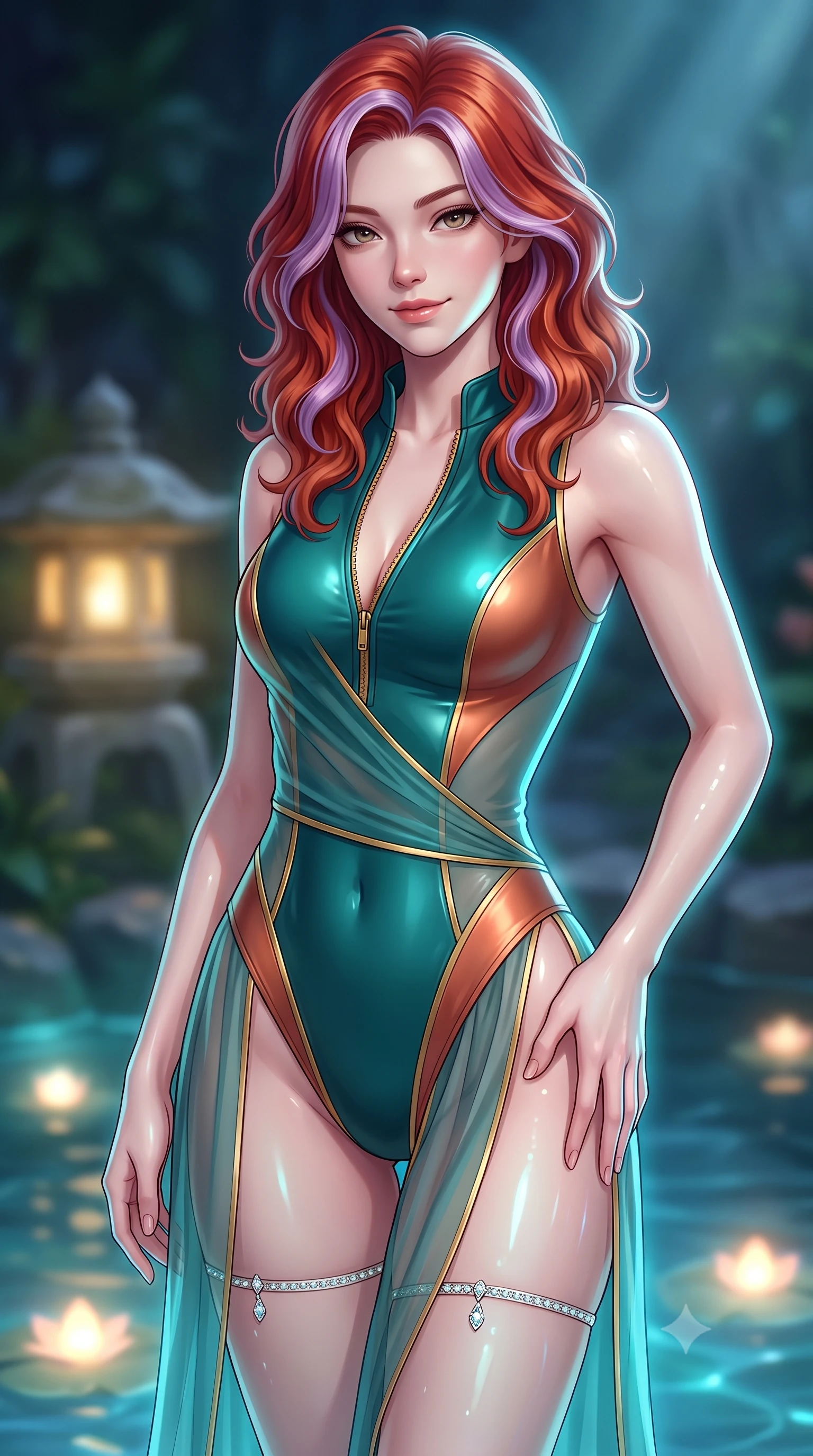 score_9, masterpiece, best quality, ultra-detailed, high-budget anime keyframe, semi-realistic 3D game render, editorial fashion photography, tasteful artistic composition, Caucasian woman. close-up cowboy shot from the waist and thighs up, the character dominates the composition, filling the frame with her large presence. tilting her head with a teasing half-smile, running one hand slowly down the side of her hip in a flirtatious S-curve as ambient light caresses her silhouette while twisting her slender torso in an alluring S-curve, glowing submerged thermal lights and moonbeams tracing her flat midriff and curvy hips. The background shows a soft-focus stone lantern glows softened in mystical Balinese sanctuary shallow focus. She has an exceptionally elegant, slender, and willowy female figure with an ultra-slim waist, flat toned midriff, narrow ribcage, and sculpted feminine hips creating an alluring, slim hourglass silhouette without bulk. sharp v-shaped jawline, high-bridge nose, sparkling eyes with hypnotic seductive depth, thick curled eyelashes, glossy parted lips with a natural dewy peach sheen, alluring bedroom-eyes with an enchanting coquettish smile, exuding magnetic siren charisma and sophisticated glamour, flawlessly proportioned anatomical accuracy, strict slender model proportions, natural body alignment, perfectly sculpted long slender limbs, ultra-slim waistline, clean dynamic posture without body distortion. wearing a form-contouring wet-look neoprene zip-front maillot with high-cut leg openings and gold racing side trims in Ubud rainforest teal and sunset copper, made of sheer gossamer chiffon that drapes softly against skin with airy translucence, finished with delicate crystal-encrusted thigh garter straps glinting in the dim light, the high-slit wrap tailoring accentuating her ultra-slim waistline and the enchanting curve of her feminine hips with alluring seductive charm. illuminated by spring water specular reflections and sharp platinum-turquoise rim lights sculpting her jawline, flat midriff, and curvy hips. highly saturated vibrant anime colors, detailed shading with soft gradients, rich glossy textures, high-contrast stereoscopic depth, volumetric dynamic lighting, master piece, 9:16 ratio
