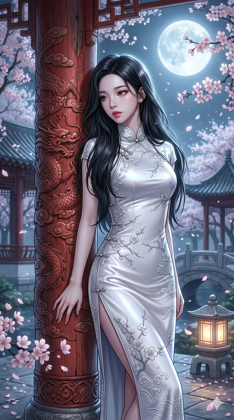 score_9, score_8_up, score_7_up, source_anime, masterpiece, best quality, ultra-detailed, same character with long black hair, wearing a white high-cut silk cheongsam, leaning against a traditional red wooden pillar in an ancient garden, soft moonlight, cherry blossoms, 2k, ultra detail, master piece, 9:16 ratio