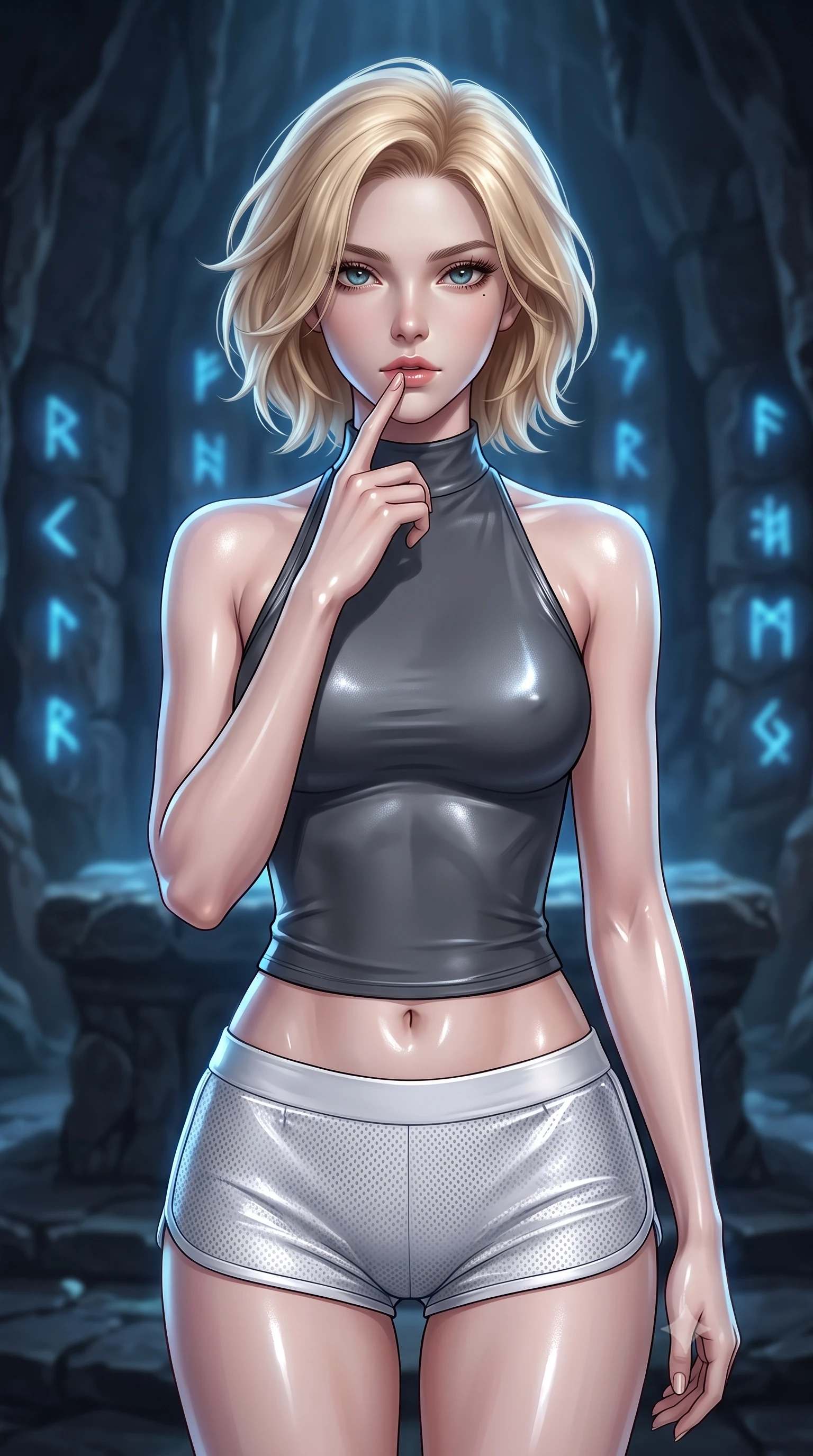 score_9, masterpiece, best quality, ultra-detailed, high-budget anime keyframe, editorial fashion photography, tasteful artistic composition, Caucasian woman. close-up cowboy shot from the waist and thighs up, the character dominates the composition, filling the frame with her large presence, background elements kept in soft focus. pressing one finger to her bottom lip in a thoughtful, composed gesture, locking eyes with the viewer, the background shows a soft-focus a cave temple altar made of dark stone and glowing blue runes. She has an exceptionally elegant, slender, and willowy female figure with an ultra-slim waist, a gracefully sculpted slender torso, and a refined silhouette. sharp v-shaped jawline, high-bridge nose, intricate jewel-like eyes with depth, thick eyelashes, glossy lips with a natural sheen. wearing a form-contouring backless combat halter top in charcoal grey, paired with white carbon-mesh micro-shorts. soft blue light radiating from carved runes casting an eerie uplight. ultra-reflective glossy finish, specular highlights, metallic sheen, high-contrast stereoscopic depth, volumetric dynamic lighting, 2k, ultra detail, master piece, 9:16 ratio