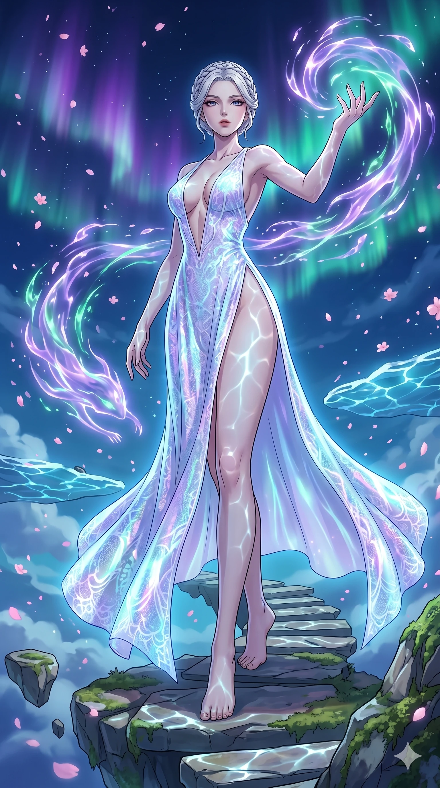 score_9, masterpiece, best quality, ultra-detailed, High-budget Anime Keyframe, vibrant colors, fluid line-art, expressive lighting, cinematic composition, Ufotable-style visual effects, top-tier animation quality, Japanese woman with delicate and elegant anime-inspired features. Cinematic low angle perspective showcasing her towering height and perfect 8-heads proportion. Summoning mystical ancient spirits in a floating celestial garden amidst a breathtaking aurora borealis that paints the sky in shades of violet and emerald. She has an absolutely perfect 8-heads proportion, an exceptionally tall and slender female figure with impossibly long slender legs and an ultra-slim waist, her statuesque height and towering silhouette dominating the vertical 9:16 frame. Her face is a masterpiece featuring a sharp v-shaped jawline, high-bridge nose, intricate jewel-like eyes with depth, thick eyelashes, and glossy lips with a natural sheen. She is wearing a Holographic lace evening gown with a dangerously high slit and a plunging neckline crafted from Bioluminescent silk that emits a soft, ethereal glow from within the fabric, unzipped deeply to reveal a daring glimpse of her chest and a high-cut leg line. The scene is set in an ancient floating island with pink cherry blossoms falling like snow against a blue sky, illuminated by underwater caustic lighting with ripples of light dancing across her body. 2k, ultra detail, master piece, 9:16 ratio