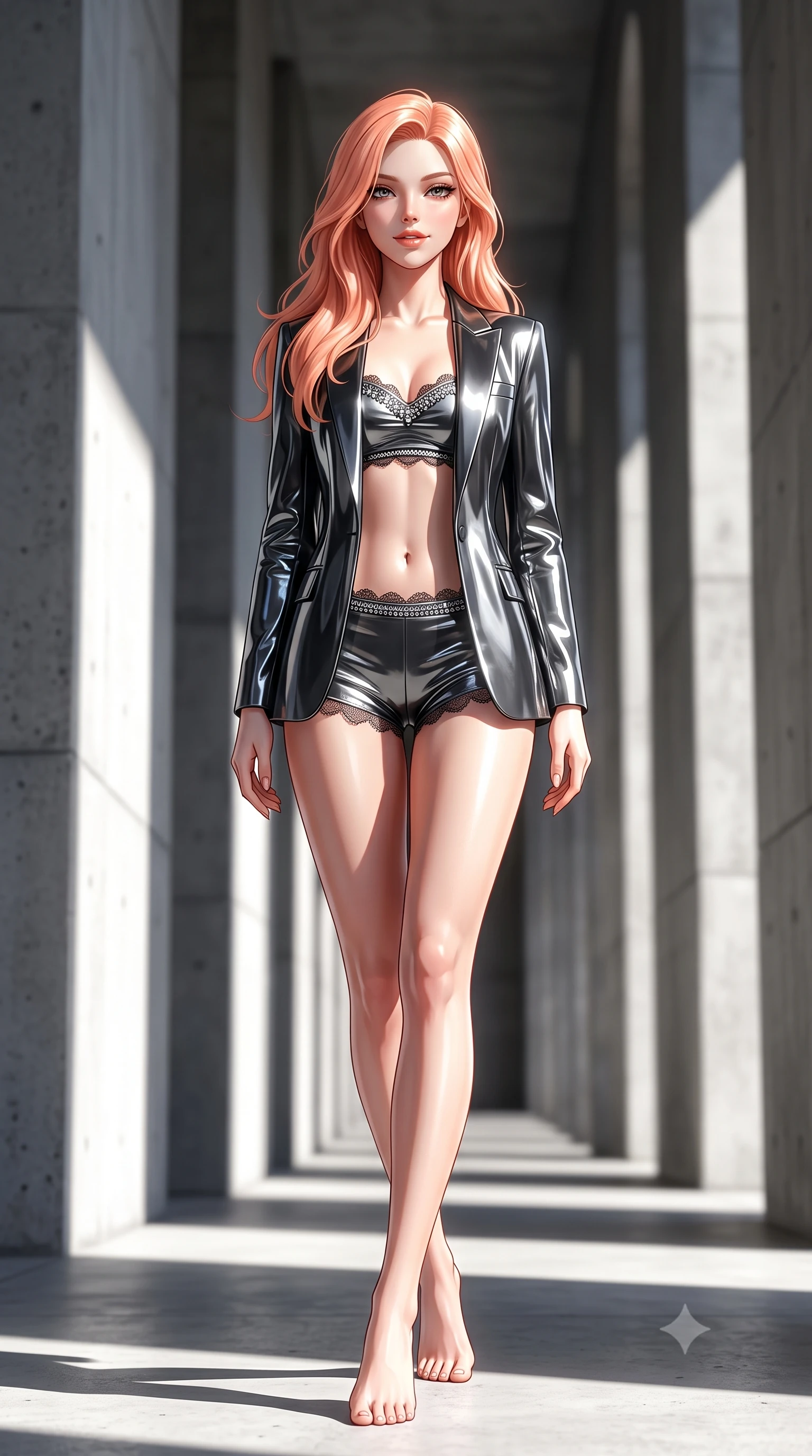 score_9, masterpiece, best quality, ultra-detailed, high-budget anime keyframe, semi-realistic 3D game render, editorial fashion photography, tasteful artistic composition, Japanese woman. low angle full-body shot from head to toe showing her feet, filling the entire 9:16 vertical frame with her statuesque presence, stretching her vertical silhouette. reclining gracefully across the plush chaise lounge with one leg extended, her sculpted silhouette and flat midriff radiating magnetic nocturnal glamour while walking slowly down the grand concrete colonnade, hips swaying in an alluring kinetic rhythm that commands the sculptural perspective. The background shows a soft-focus diagonal sunlight wedges softened in architectural monumentality shallow focus. She has an absolutely perfect, statuesque 8.5-heads proportion, an exceptionally tall and slender model-like female figure with impossibly long slender legs, an ultra-slim waist, a flat toned midriff, narrow delicate ribcage, and beautifully sculpted feminine hips creating a graceful, slim hourglass silhouette without any bulky heaviness. sharp v-shaped jawline, high-bridge nose, sparkling eyes with hypnotic seductive depth, thick curled eyelashes, glossy parted lips with a natural dewy peach sheen, alluring bedroom-eyes with an enchanting coquettish smile, exuding magnetic siren charisma and sophisticated glamour, flawlessly proportioned anatomical accuracy, strict slender model proportions, natural body alignment, perfectly sculpted long slender limbs, ultra-slim waistline, clean dynamic posture without body distortion. wearing a tailored open-front minimal smoking blazer worn over a jewel-embellished bandeau and micro-shorts in molten liquid silver and midnight charcoal with platinum highlights, crafted from wet-look high-gloss vinyl fabric with dazzling specular surface reflections, finished with scalloped eyelash lace trim framing her sweetheart neckline with intimate elegance, the second-skin tailored fabric adhering flawlessly to her sculpted flat midriff and slender torso, emphasizing her long leg lines and perfectly proportioned willowy build. bathed in intense high-noon sun creating stark, high-contrast black-and-white architectural chiaroscuro. highly saturated vibrant anime colors, detailed shading with soft gradients, rich glossy textures, high-contrast stereoscopic depth, volumetric dynamic lighting, master piece, 9:16 ratio