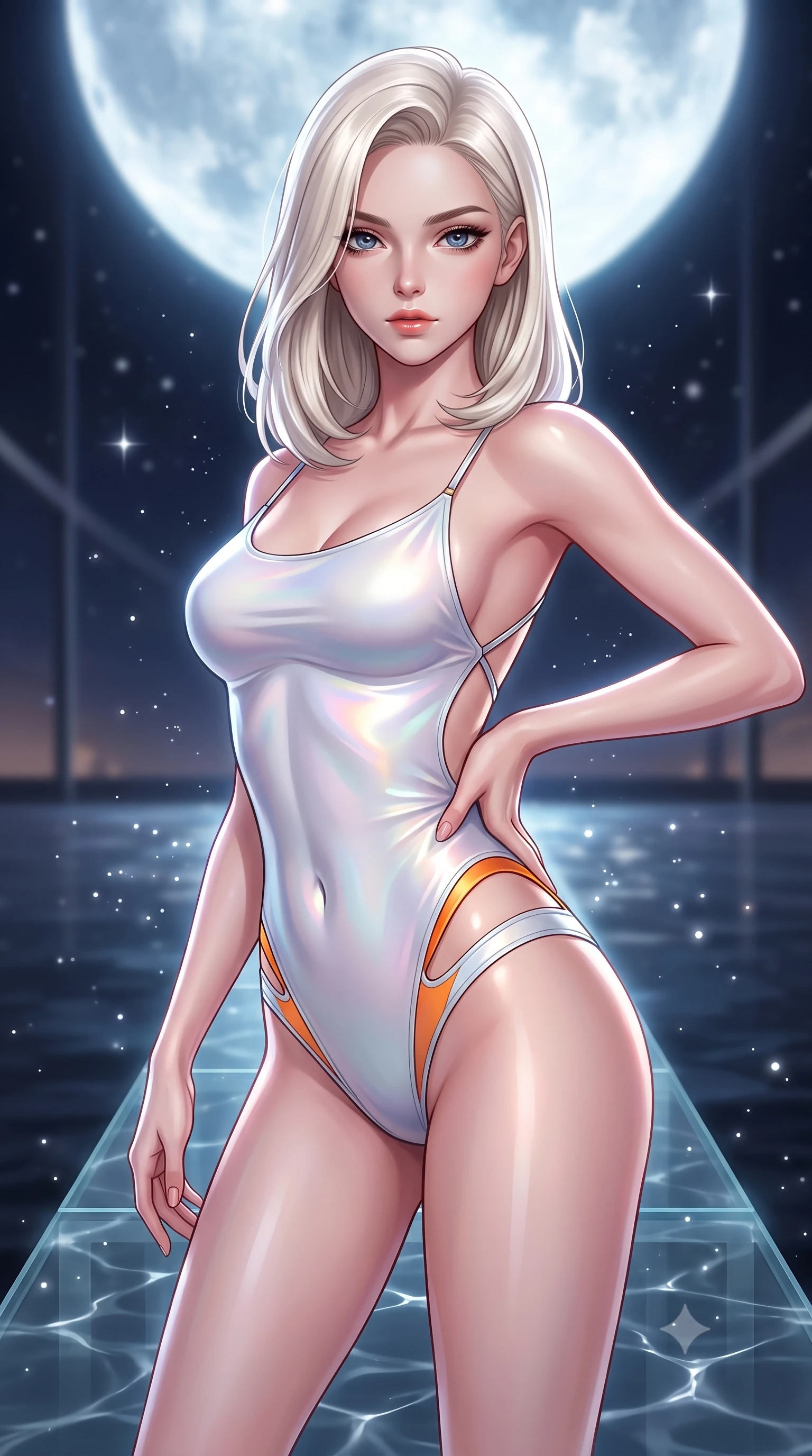 score_9, masterpiece, best quality, ultra-detailed, high-budget anime keyframe, semi-realistic 3D game render, editorial fashion photography, tasteful artistic composition, Caucasian woman. close-up cowboy shot from the waist and thighs up, the character dominates the composition, filling the frame with her large presence. twisting her upper body in a dynamic S-curve with an alluring smolder, one hand trailing along her slender waist while stretching forward with an alluring S-curve silhouette on a glass platform beneath a giant glowing moon. The composition keeps background elements in soft focus with creamy bokeh. silver water caustics and stardust motes scattering soft glowing light across a dark backdrop. She has an exceptionally elegant, slender, and willowy female figure with an ultra-slim waist, a gracefully sculpted slender torso, toned flat midriff, and a refined slim silhouette. sharp v-shaped jawline, high-bridge nose, intricate jewel-like eyes with depth, thick eyelashes, glossy lips with a natural sheen, flawlessly proportioned anatomical accuracy, strict slender model proportions, natural body alignment, perfectly sculpted long slender limbs, ultra-slim waistline, clean dynamic posture without body distortion. wearing a second-skin white liquid-mercury micro-bodysuit sculpted tightly to her slender build, featuring razor-thin metallic straps and hip cutouts in vivid sunset amber orange and cloud white, made of smooth iridescent silk chiffon that shifts colors with movement, complemented by criss-cross back straps highlighting her completely bare spine, the precision-cut daring openings accentuating her delicate midriff, graceful bare collarbones, and ultra-slim feminine waistline. illuminated by soft glowing starlight fill and crisp specular highlights tracing her slender curves. highly saturated vibrant anime colors, detailed shading with soft gradients, rich glossy textures, high-contrast stereoscopic depth, volumetric dynamic lighting, master piece, 9:16 ratio