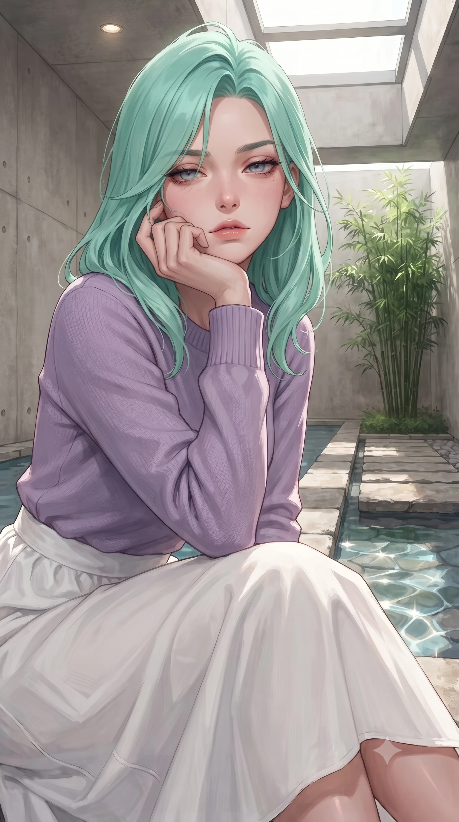 score_9, masterpiece, best quality, ultra-detailed, high-budget anime keyframe, editorial fashion photography, tasteful artistic composition, Japanese woman woman. close-up cowboy shot from the waist and thighs up, the character dominates the composition, filling the frame with her large presence, background elements kept in soft focus. resting her chin on the backs of her fingers, casting a heavy-lidded, sultry look past the camera the background shows a soft-focus an indoor lap pool with concrete walls, stone paths, and a small bamboo grove. She has an exceptionally elegant, slender, and willowy female figure with an ultra-slim waist, a gracefully sculpted slender torso, and a refined silhouette. sharp v-shaped jawline, high-bridge nose, intricate jewel-like eyes with depth, thick eyelashes, glossy lips with a natural sheen. wearing a tailored comfortable lavender knit sweater paired with a flowy white cotton maxi skirt. crisp morning daylight slicing through skylights, creating geometric reflections. ultra-reflective glossy finish, specular highlights, metallic sheen, high-contrast stereoscopic depth, volumetric dynamic lighting, 2k, ultra detail, master piece, 9:16 ratio