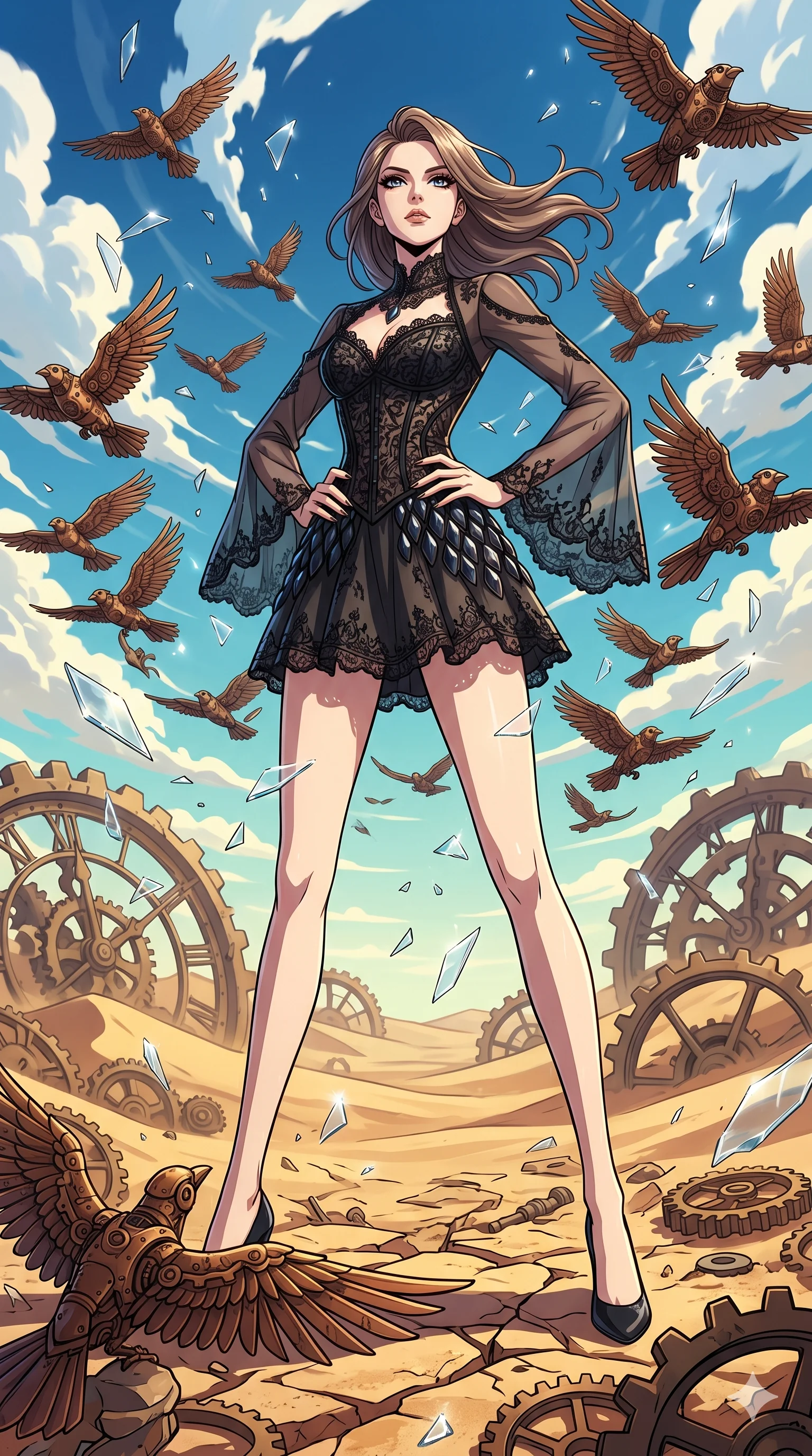 score_9, masterpiece, best quality, ultra-detailed, Set A: High-budget Anime Keyframe, Caucasian (strictly human ears) woman. Low angle cowboy shot filling the entire 9:16 frame with her statuesque presence. Standing victoriously through a clockwork desert, surrounded by a whirlwind of 142 mechanical birds and surrounded by shattered glass fragments. She has an absolutely perfect 8-heads proportion, an exceptionally tall and slender female figure with impossibly long slender legs and an ultra-slim waist. Sharp v-shaped jawline, high-bridge nose, intricate jewel-like eyes with depth, thick eyelashes, glossy lips with a natural sheen. Wearing Gothic lace corset mini-dress with sheer bell-sleeves and obsidian glass scales. Cinematic lighting, vibrant colors, dramatic shadows, 2k, ultra detail, master piece, 9:16 ratio