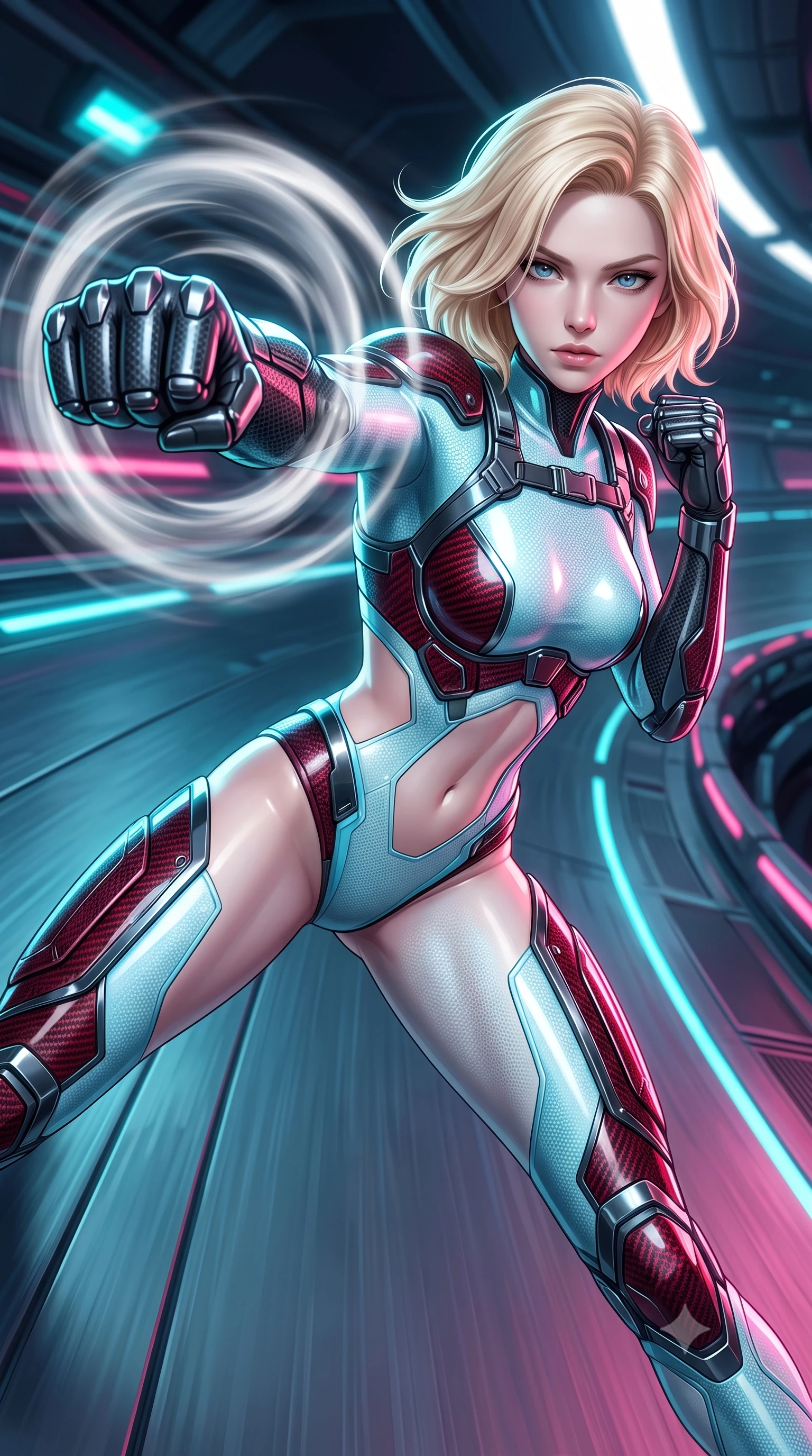 score_9, masterpiece, best quality, ultra-detailed, high-budget anime keyframe, semi-realistic 3D game render, editorial fashion photography, tasteful artistic composition, Caucasian woman. close-up cowboy shot from the waist and thighs up, the character dominates the composition, filling the frame with her large presence. thrusting a high-speed kinetic punch toward the camera, a visible conical shockwave distortion wrapping around her sleek carbon forearm while sliding along the banked track with effortless poise, her long slender legs extended in an agile low-profile drift. The surrounding environment is rendered in vivid detail and crisp panoramic clarity. high-contrast cyberpunk sports chiaroscuro and raw kinetic energy captured with environmental precision. She has an exceptionally elegant, slender, and willowy female figure with an ultra-slim waist, a gracefully sculpted slender torso, toned flat midriff, and a refined slim silhouette. sharp v-shaped jawline, high-bridge nose, intricate jewel-like eyes with depth, thick eyelashes, glossy lips with a natural sheen, flawlessly proportioned anatomical accuracy, strict slender model proportions, natural body alignment, perfectly sculpted long slender limbs, ultra-slim waistline, clean dynamic posture without body distortion. wearing an ultra-sleek glacial-cyan and white carbon-mesh combat bodysuit with frost-resistant kinetic shock-absorber plating in deep crimson carbon weave with specular dark chrome accents, formed from high-gloss patent carbon-plating with specular chiaroscuro reflections, reinforced by a sleek titanium kinetic harness and glowing micro-energy straps, the precision-cut daring openings accentuating her delicate midriff, graceful bare collarbones, and ultra-slim feminine waistline. illuminated by crisp white key lighting with sharp specular highlights tracing her sculpted athletic curves. rich saturated anime colors with glowing neon highlights, detailed shading with soft gradients, rich glossy textures, high-contrast stereoscopic depth, volumetric dynamic lighting, master piece, 9:16 ratio
