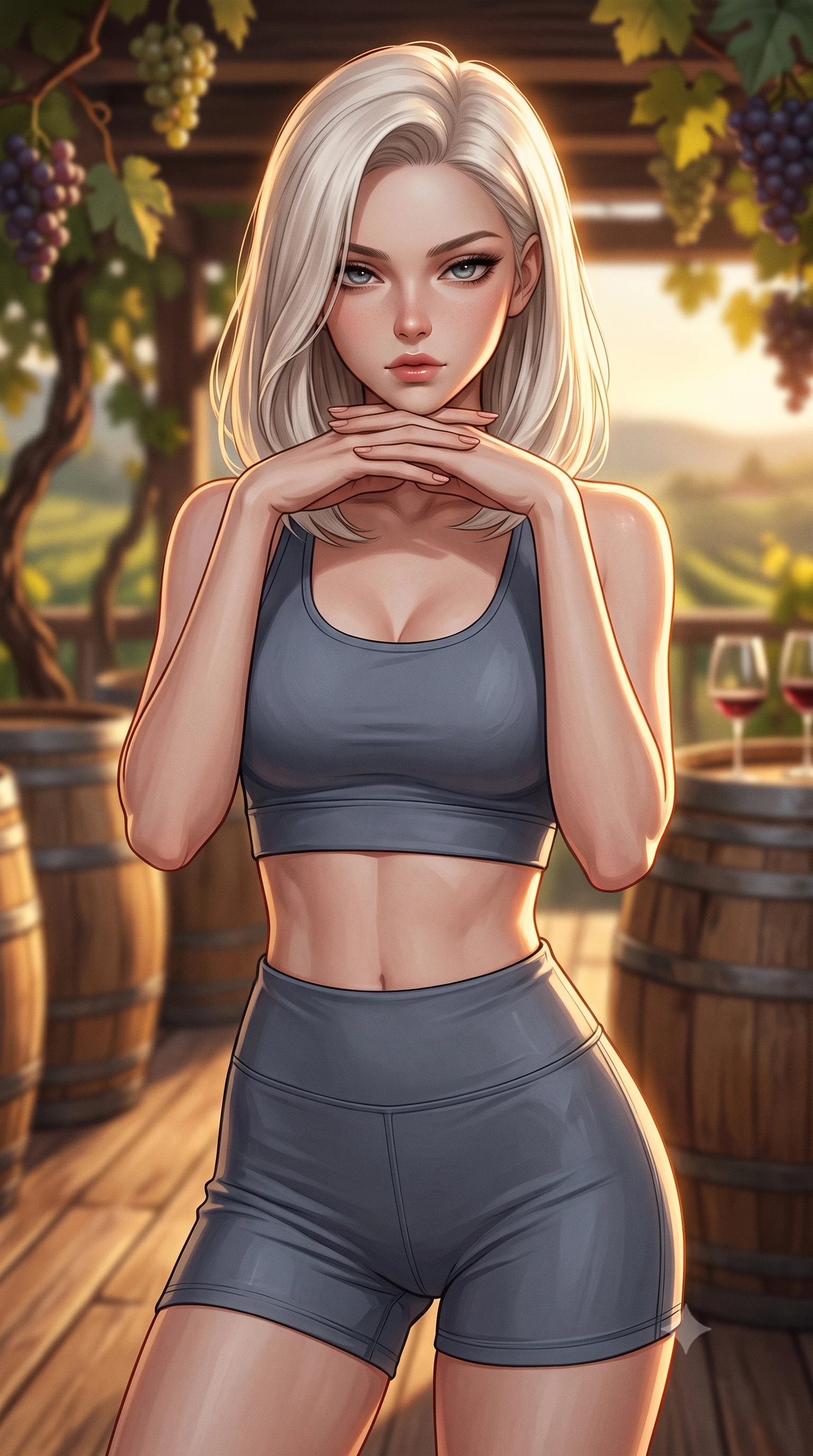 score_9, masterpiece, best quality, ultra-detailed, high-budget anime keyframe, editorial fashion photography, tasteful artistic composition, Caucasian woman woman. close-up cowboy shot from the waist and thighs up, the character dominates the composition, filling the frame with her large presence, background elements kept in soft focus. resting her chin on the backs of her fingers, casting a heavy-lidded, sultry look past the camera the background shows a soft-focus a wooden terrace of a vineyard winery, with wooden barrels and grapevines in soft focus. She has an exceptionally elegant, slender, and willowy female figure with an ultra-slim waist, a gracefully sculpted slender torso, and a refined silhouette. sharp v-shaped jawline, high-bridge nose, intricate jewel-like eyes with depth, thick eyelashes, glossy lips with a natural sheen. wearing a tailored body-hugging athletic crop top and high-waisted shorts set in slate grey. warm golden hour light tracing the grapevines and wine glasses in a golden rim light. 2k, ultra detail, master piece, 9:16 ratio