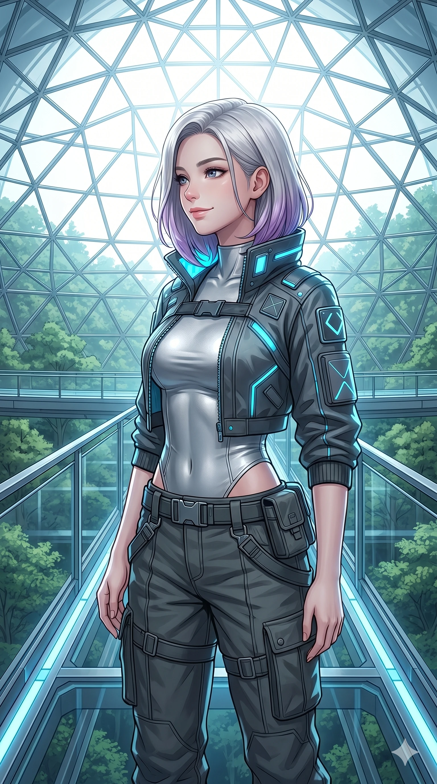 score_9, masterpiece, best quality, ultra-detailed, high-budget anime keyframe, editorial fashion photography, tasteful artistic composition, Caucasian woman, strictly human ears. Upper body close-up from the thighs up, character filling the screen for maximum presence. Standing on an elevated pathway in a giant biotech dome, looking out at the massive forest below with a serene, peaceful smile. She is wearing a cropped cyber-jacket over a silver bodice and cargo pants with belt. The scene is illuminated by the bright white light of the dome ceiling and blue guides. 2k, ultra detail, master piece, 9:16 ratio