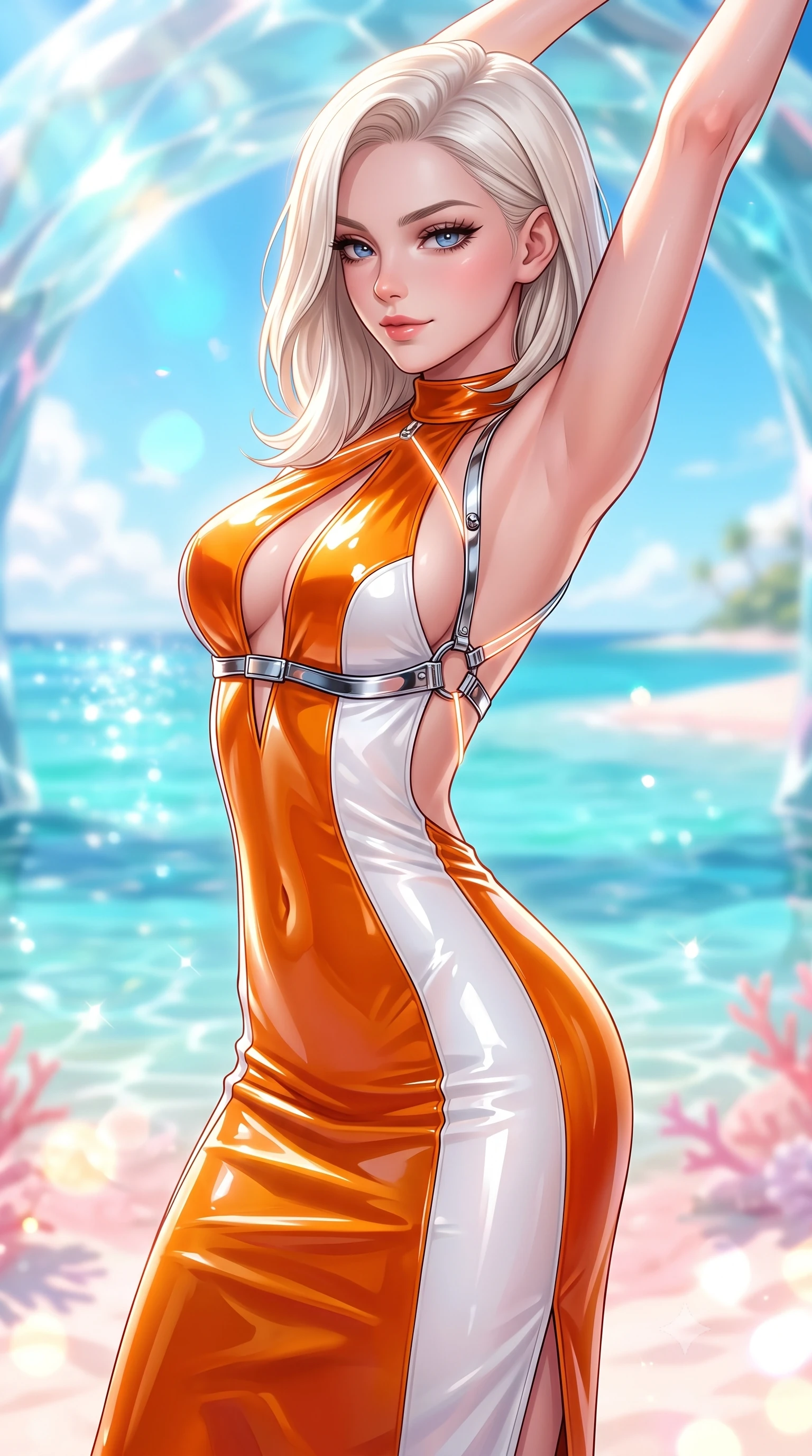 score_9, masterpiece, best quality, ultra-detailed, high-budget anime keyframe, semi-realistic 3D game render, editorial fashion photography, tasteful artistic composition, Caucasian woman. close-up cowboy shot from the waist and thighs up, the character dominates the composition, filling the frame with her large presence. stretching forward with an alluring arch of her spine, glancing over her shoulder with thick eyelashes and a smoldering half-smile while arching her back in a fluid motion beneath a translucent crystal sea arch with the sparkling lagoon stretching behind. The composition keeps background elements in soft focus with creamy bokeh. crystal-clear turquoise waters and soft pink coral sands blurred into radiant, creamy pastel bokeh. She has an exceptionally elegant, slender, and willowy female figure with an ultra-slim waist, a gracefully sculpted slender torso, toned flat midriff, and a refined slim silhouette. sharp v-shaped jawline, high-bridge nose, intricate jewel-like eyes with depth, thick eyelashes, glossy lips with a natural sheen, flawlessly proportioned anatomical accuracy, strict slender model proportions, natural body alignment, perfectly sculpted long slender limbs, ultra-slim waistline, clean dynamic posture without body distortion. wearing a velvet halter-neck midi dress fitting her statuesque contour flawlessly with a Tasteful chest slit and open spine in vivid sunset amber orange and cloud white, formed from high-gloss patent material with specular light reflections, reinforced by a sleek metallic chrome harness and delicate glowing micro-straps, the form-contouring material adhering flawlessly to her sculpted flat midriff and slender torso, emphasizing her long leg lines and perfectly proportioned willowy build. bathed in dazzling tropical morning sunlight and glittering ocean water caustics. highly saturated vibrant anime colors, detailed shading with soft gradients, rich glossy textures, high-contrast stereoscopic depth, volumetric dynamic lighting, master piece, 9:16 ratio