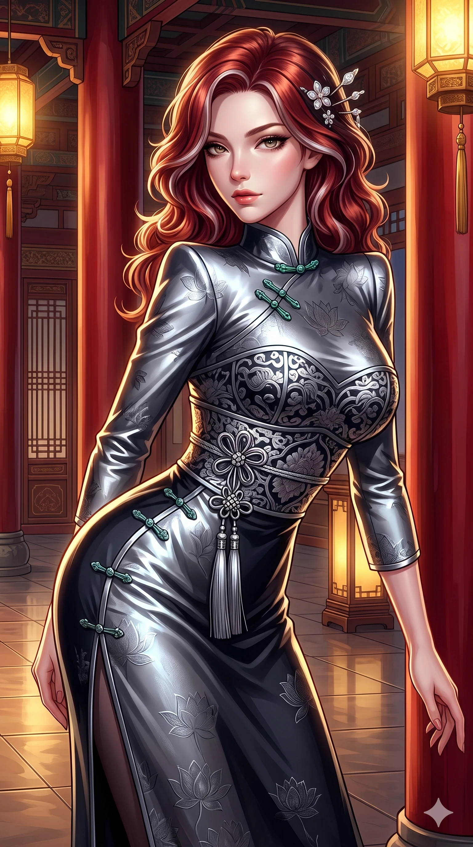 score_9, masterpiece, best quality, ultra-detailed, high-budget anime keyframe, semi-realistic 3D game render, editorial fashion photography, tasteful artistic composition, Caucasian woman. close-up cowboy shot from the waist and thighs up, the character dominates the composition, filling the frame with her large presence. leaning forward while arching her lower back to accentuate her curvy hips, looking into the camera with an intoxicating smoldering gaze and bedroom-eyes while twisting her slender torso in an alluring contrapposto stance beside the towering red lacquer pillars, golden lantern light dancing across her curves. The surrounding environment is rendered in vivid detail and crisp panoramic clarity: detailed modern strapless hanbok bustier tailoring, norigae tassel knotting, and imperial palace architecture in razor-sharp precision. She has an exceptionally elegant, slender, and willowy female figure with an ultra-slim waist, flat toned midriff, narrow ribcage, and sculpted feminine hips creating an alluring, slim hourglass silhouette without bulk. sharp v-shaped jawline, high-bridge nose, sparkling eyes with hypnotic seductive depth, thick curled eyelashes, glossy parted lips with a natural dewy peach sheen, alluring bedroom-eyes with an enchanting coquettish smile, exuding magnetic siren charisma and sophisticated glamour, flawlessly proportioned anatomical accuracy, strict slender model proportions, natural body alignment, perfectly sculpted long slender limbs, ultra-slim waistline, clean dynamic posture without body distortion. wearing a refined high-collar fusion qipao evening column gown with structured shoulders and modest jade toggle clasps in liquid mercury chrome and deep ink black, tailored from rich silk jacquard with subtle embossed lotus blossom patterns, finished with delicate mother-of-pearl hairpin ornaments glinting in her dark glossy hair, the bespoke structured tailoring following the natural line of her 8.5-heads silhouette with refined elegance. illuminated by polished floor bounce and sharp gold-champagne rim lights sculpting her razor-sharp jawline, narrow waist, and curvy hips. highly saturated vibrant anime colors, detailed shading with soft gradients, rich glossy textures, high-contrast stereoscopic depth, volumetric dynamic lighting, master piece, 9:16 ratio