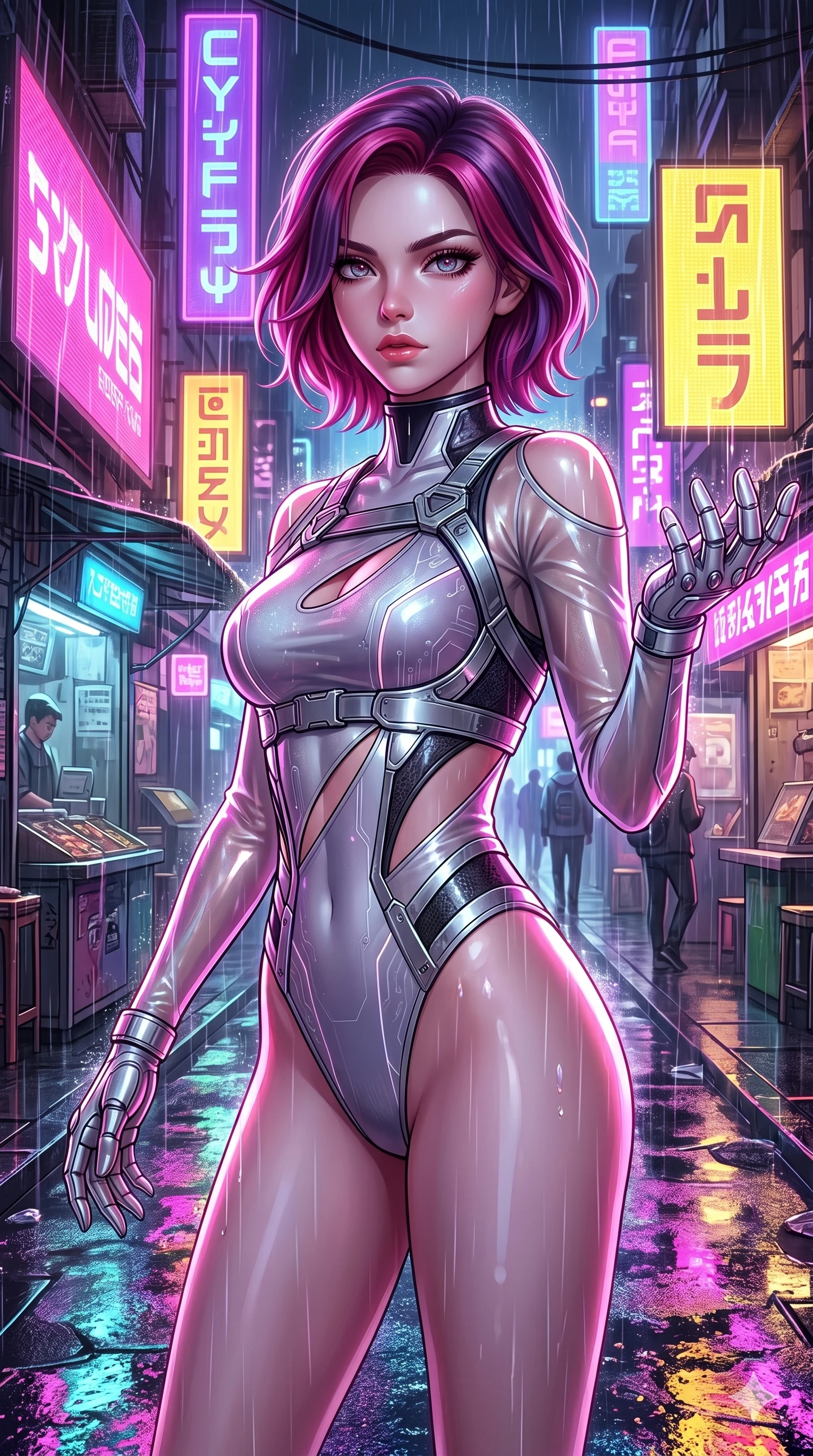 score_9, masterpiece, best quality, ultra-detailed, high-budget anime keyframe, semi-realistic 3D game render, Caucasian woman, strictly human ears. Upper body close-up from the thighs up, character filling the screen for maximum presence. She is turning around sharply in a futuristic night market, with rain reflections on wet asphalt. She reaches out a hand to catch neon-lit rain droplets with an intense, magnetic gaze. She has an absolutely perfect 8-heads proportion, an exceptionally tall and slender female figure with impossibly long slender legs and an ultra-slim waist. V-shaped jawline, high-bridge nose, intricate jewel-like eyes with depth, thick eyelashes, glossy lips with a natural sheen. She is wearing an ultra-sleek high-cut tech-bodysuit featuring dangerous diagonal slitted cutouts on the midriff and shoulders, reinforced by a metallic silver harness and sheer mesh sleeves. The scene is lit by bright pink and yellow neon billboards and a sharp white key light tracing her silhouette. 2k, ultra detail, master piece, 9:16 ratio