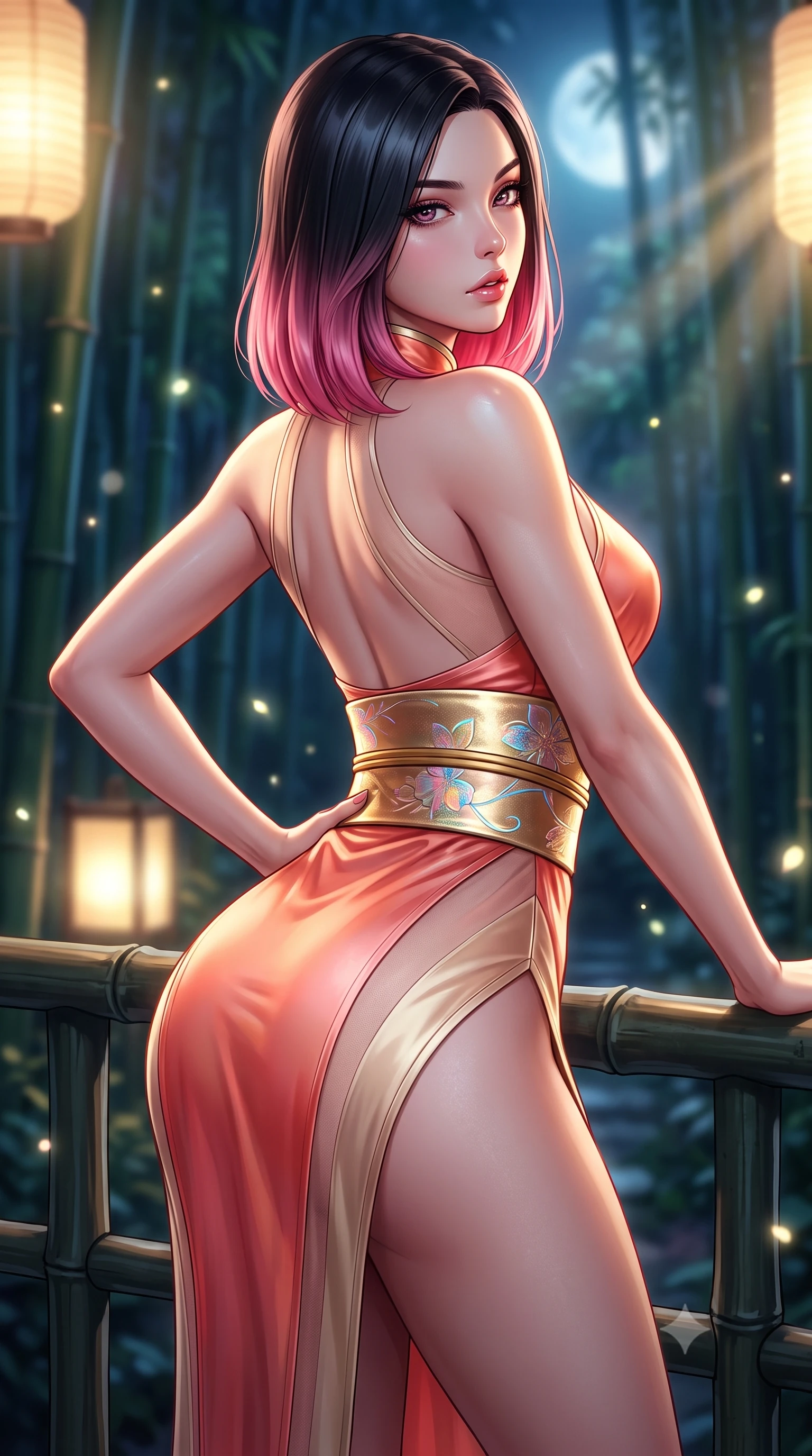 score_9, masterpiece, best quality, ultra-detailed, high-budget anime keyframe, semi-realistic 3D game render, editorial fashion photography, tasteful artistic composition, Korean woman. close-up cowboy shot from the waist and thighs up, the character dominates the composition, filling the frame with her large presence. posing in an alluring rear three-quarter angle, arching her lower back in a pronounced S-curve with one hand on her hip, glancing seductively over her bare shoulder with parted glossy lips while leaning forward over the dark bamboo veranda railing with lower back arched, looking over her bare shoulder into the moonlit bamboo grove. The composition keeps background elements in soft focus with creamy bokeh. drifting bamboo leaves and glowing lantern light rays scattering soft luminous light motes. She has an exceptionally elegant, slender, and willowy female figure with an ultra-slim waist, a gracefully sculpted slender torso, toned flat midriff, and rounded feminine hips creating an alluring hourglass silhouette. sharp v-shaped jawline, high-bridge nose, intricate jewel-like eyes with depth, thick eyelashes, glossy parted lips with a natural sheen, intensely captivating and seductive bedroom-eyes expression, flawlessly proportioned anatomical accuracy, strict slender model proportions, natural body alignment, perfectly sculpted long slender limbs, ultra-slim waistline, clean dynamic posture without body distortion. wearing a wet-look silk fusion wrap dress with asymmetrical sheer mesh cutouts and high Mandarin collar in sunrise coral and champagne gold, made of sheer contouring power-mesh panels with anatomical curve lines, complemented by a wide metallic gold obi sash with holographic floral embroidery, the glove-like aerodynamic silhouette tightly following the natural contour of her hips and long slender legs with statuesque precision. surrounded by a tranquil, poetic, and deeply sensual Japanese ryokan muse aura. highly saturated vibrant anime colors, detailed shading with soft gradients, rich glossy textures, high-contrast stereoscopic depth, volumetric dynamic lighting, master piece, 9:16 ratio