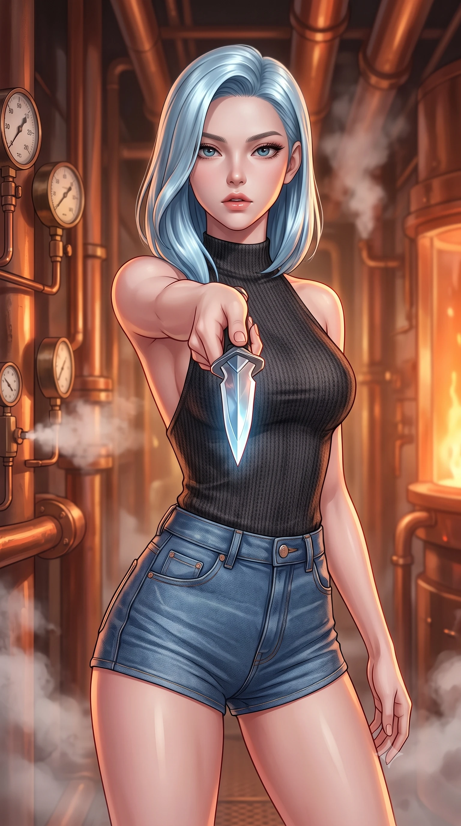 score_9, masterpiece, best quality, ultra-detailed, high-budget anime keyframe, editorial fashion photography, tasteful artistic composition, Korean woman. close-up cowboy shot from the waist and thighs up, the character dominates the composition, filling the frame with her large presence, background elements kept in soft focus. pointing a crystal-edged laser dagger forward in a defensive stance, tilting her chin up slightly with lips parted in a composed pose, the background shows a soft-focus a copper pipe foundry corridor filled with vintage pressure gauges and steam. She has an exceptionally elegant, slender, and willowy female figure with an ultra-slim waist, a gracefully sculpted slender torso, and a refined silhouette. sharp v-shaped jawline, high-bridge nose, intricate jewel-like eyes with depth, thick eyelashes, glossy lips with a natural sheen. wearing a slim-fit backless carbon-fiber knit top in charcoal wool, paired with high-waisted denim micro-shorts. warm orange glow of a melting furnace reflecting off copper and bronze walls. highly saturated vibrant anime colors, detailed shading with soft gradients, rich glossy textures, high-contrast stereoscopic depth, volumetric dynamic lighting, master piece, 9:16 ratio