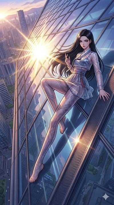 score_9, masterpiece, best quality, ultra-detailed, high-budget anime movie keyframe, cinematic anime lighting, intricate line art, Japanese woman. Dynamic full-body shot stretching the vertical silhouette with extreme perspective. sliding down a gla