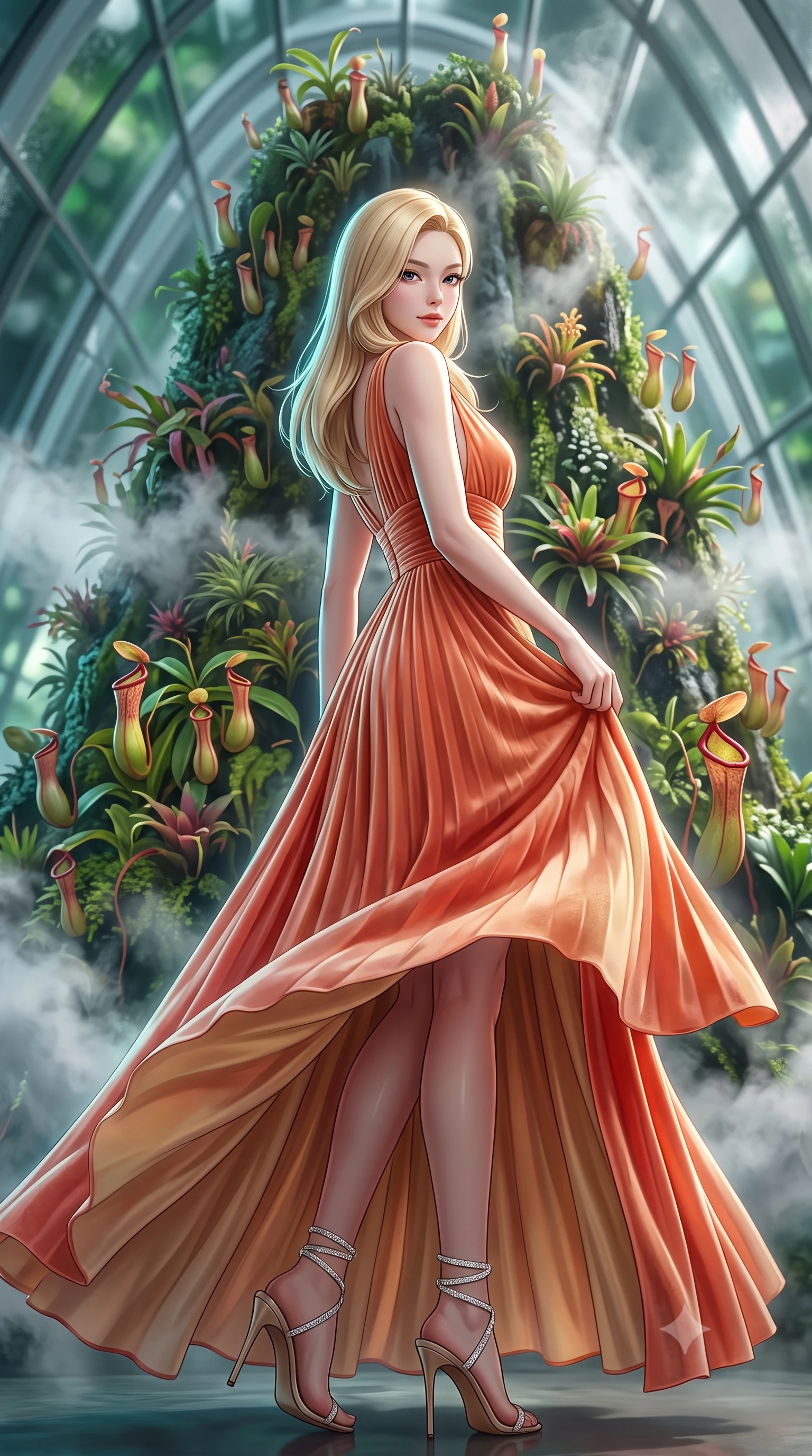 score_9, masterpiece, best quality, ultra-detailed, high-budget anime keyframe, semi-realistic 3D game render, editorial fashion photography, tasteful artistic composition, Korean woman. low angle full-body shot from head to toe showing her feet, filling the entire 9:16 vertical frame with her statuesque presence, stretching her vertical silhouette. executing a slow, graceful pivot turn as her skirt sways around her slender legs, glancing back with an enchanting, teasing sensual expression while twisting her slender torso in an alluring S-curve, glowing carnivorous pitcher plants and cool mountain vapor caressing her dewy skin and curves. The background shows a soft-focus towering 35-meter man-made mountain densely covered in tropical epiphytes and pitcher plants, swirling white cloud mist, and glass dome ribs blurred into jade, emerald, and silver bokeh. She has an exceptionally tall and slender model-like 8.5-heads proportion, an ultra-slim waist, a flat toned midriff, narrow delicate ribcage, and beautifully sculpted feminine hips creating a graceful, slim hourglass silhouette without any bulky heaviness, with impossibly long slender legs. sharp v-shaped jawline, high-bridge nose, intricate jewel-like sparkling eyes with depth, thick eyelashes, glossy parted lips with a natural peach sheen, bright cheerful beaming smile with an enchanting and coquettish sensual glint, exuding both youthful cute charm and seductive allure, flawlessly proportioned anatomical accuracy, strict slender model proportions, natural body alignment, perfectly sculpted long slender limbs, ultra-slim waistline, clean dynamic posture without body distortion. wearing a classical Habsburg empire-line pleated velvet evening gown with modest square neckline in Palm Springs desert sunset coral and warm honey champagne, crafted from bespoke double-faced cashmere with an exceptionally soft tactile finish, complemented by strappy stiletto sandals with crystal ankle wraps accentuating her slender calves, the bespoke structured tailoring following the natural line of her 8.5-heads silhouette with refined elegance. illuminated by condensation reflection bounce and sharp silver-cyan rim lights sculpting her jawline, narrow waist, and curvy hips. highly saturated vibrant anime colors, detailed shading with soft gradients, rich glossy textures, high-contrast stereoscopic depth, volumetric dynamic lighting, master piece, 9:16 ratio