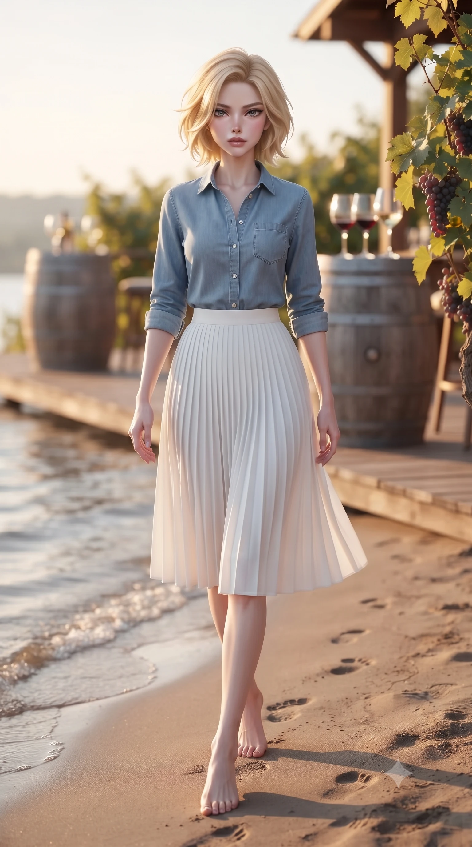 score_9, masterpiece, best quality, ultra-detailed, high-budget anime keyframe, editorial fashion photography, tasteful artistic composition, Caucasian woman woman. low angle full-body shot from head to toe showing her feet, filling the entire 9:16 vertical frame with her statuesque presence, stretching her vertical silhouette. walking slowly along the shoreline, leaving footprints in the wet sand the background shows a soft-focus a wooden terrace of a vineyard winery, with wooden barrels and grapevines in soft focus. She has an absolutely perfect, statuesque 8.5-heads proportion, an exceptionally tall and slender model-like female figure with impossibly long slender legs and an ultra-slim waist. sharp v-shaped jawline, high-bridge nose, intricate jewel-like eyes with depth, thick eyelashes, glossy lips with a natural sheen. wearing a tailored comfortable light blue chambray shirt tucked into a white pleated midi skirt. warm golden hour light tracing the grapevines and wine glasses in a golden rim light. ultra-reflective glossy finish, specular highlights, metallic sheen, high-contrast stereoscopic depth, volumetric dynamic lighting, 2k, ultra detail, master piece, 9:16 ratio