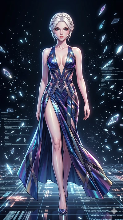 score_9, masterpiece, best quality, ultra-detailed, high-budget anime movie keyframe, cinematic anime lighting, intricate line art, Korean woman. Low angle cowboy shot filling the entire 9:16 frame with her statuesque presence. walking through a bliz