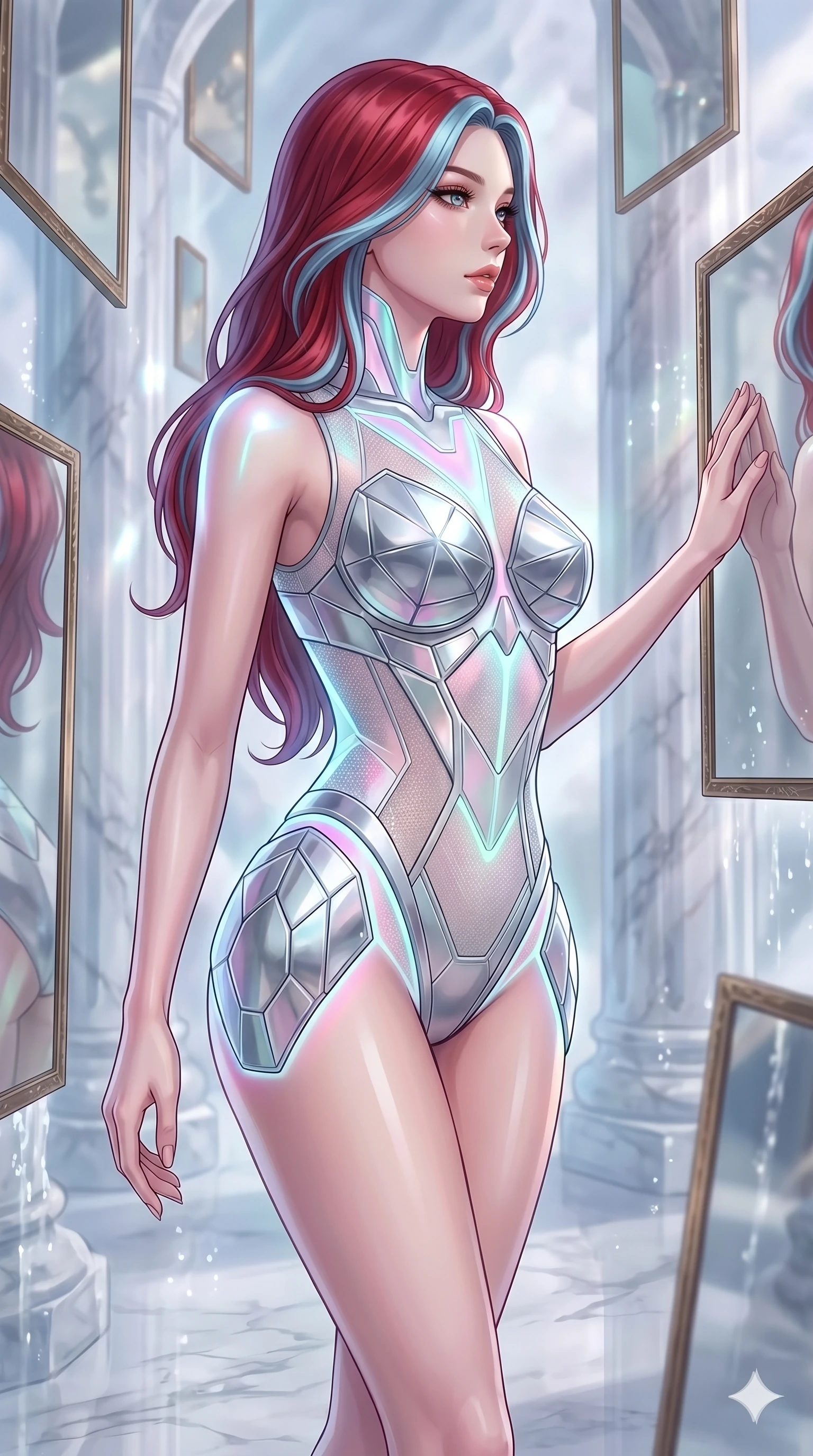 score_9, masterpiece, best quality, ultra-detailed, high-budget anime keyframe, Caucasian woman, strictly human ears. upper body close-up from the thighs up, character filling the screen for maximum presence. wandering through a mirage cloud cathedral of translucent marble and water mist, surrounded by floating ancient bronze mirror walls. She has an absolutely perfect 8-heads proportion, an exceptionally tall and slender female figure with impossibly long slender legs and an ultra-slim waist. V-shaped jawline, high-bridge nose, intricate jewel-like eyes with depth, thick eyelashes, glossy lips with a natural sheen.. wearing a bionic chrome plate bodysuit, featuring silver chrome plates covering the bust and hips, connected by semi-opaque geometric mesh panels. enhanced by a luminous pastel spectrum glow, casting elegant rim lights on her shoulders and jawline. 2k, ultra detail, master piece, 9:16 ratio