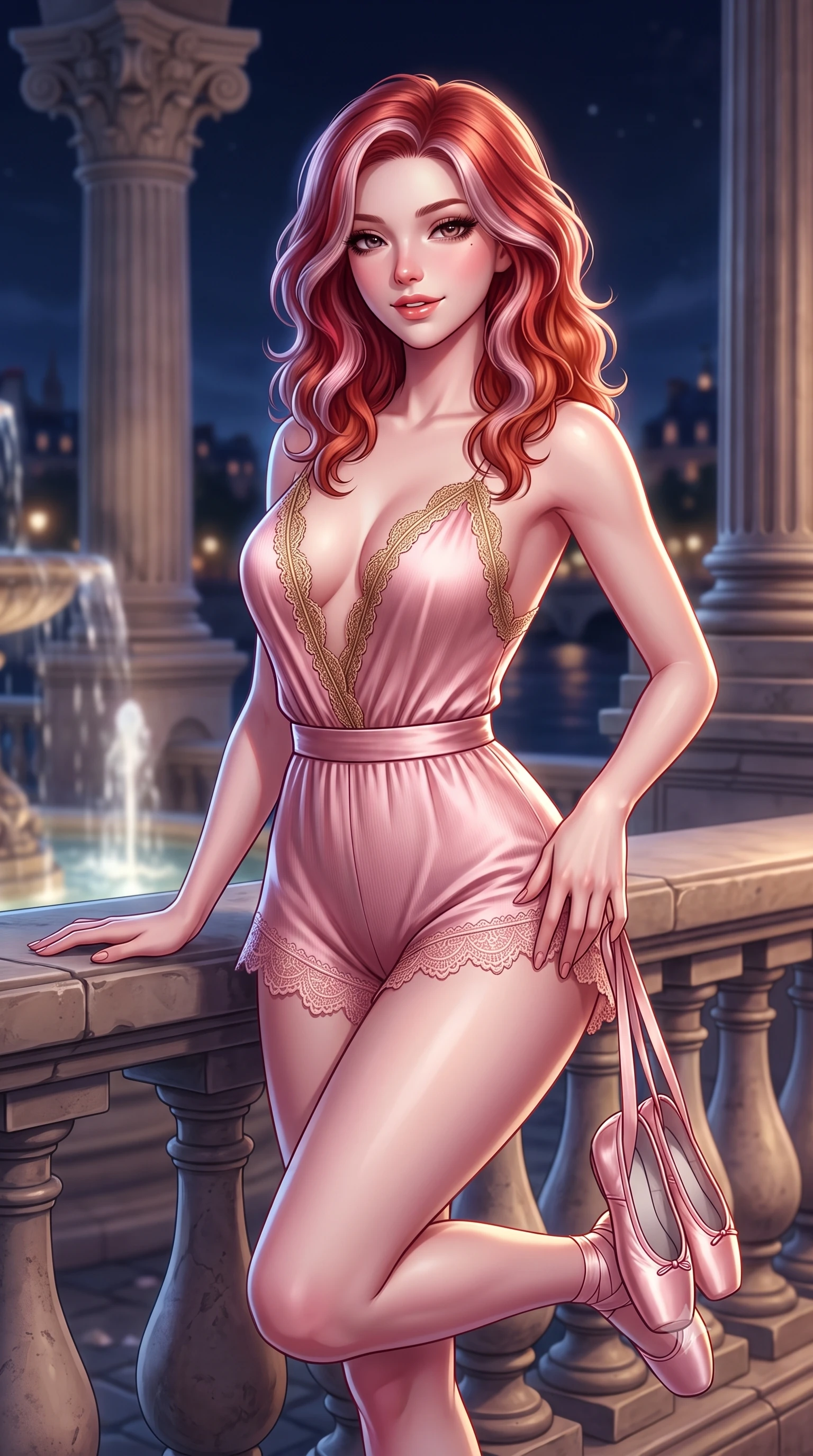 score_9, masterpiece, best quality, ultra-detailed, high-budget anime keyframe, semi-realistic 3D game render, editorial fashion photography, tasteful artistic composition, Caucasian woman. close-up cowboy shot from the waist and thighs up, the character dominates the composition, filling the frame with her large presence. tilting her head with a teasing half-smile, running one hand slowly down the side of her hip in a flirtatious S-curve as ambient light caresses her silhouette while lounging on the stone balustrade with one knee bent, holding her satin ballet shoes with an enchanting, parted-lip smile. The background shows a soft-focus monumental stone column capitals softened in romantic Parisian night shallow focus. She has an exceptionally elegant, slender, and willowy female figure with an ultra-slim waist, flat toned midriff, narrow ribcage, and sculpted feminine hips creating an alluring, slim hourglass silhouette without bulk. sharp v-shaped jawline, high-bridge nose, sparkling eyes with hypnotic seductive depth, thick curled eyelashes, glossy parted lips with a natural dewy peach sheen, alluring bedroom-eyes with an enchanting coquettish smile, exuding magnetic siren charisma and sophisticated glamour, flawlessly proportioned anatomical accuracy, strict slender model proportions, natural body alignment, perfectly sculpted long slender limbs, ultra-slim waistline, clean dynamic posture without body distortion. wearing a deep V-neck silk satin ballerina romper with scalloped eyelash-lace hems and a cinched satin waist ribbon in blush ballerina pink and warm ivory lace with antique gold trims, tailored from fine ribbed modal knit with gentle elastic contouring and soft hand-feel, finished with scalloped eyelash lace trim framing her sweetheart neckline with intimate elegance, the liquid-tight tailored fabric clinging flawlessly to her narrow waist and rounded feminine hips, emphasizing every millimeter of her sculpted slim hourglass curves without any bulky heaviness. illuminated by fountain water caustic bounce and sharp platinum rim lights sculpting her delicate clavicles, narrow waist, and curvy hips. highly saturated vibrant anime colors, detailed shading with soft gradients, rich glossy textures, high-contrast stereoscopic depth, volumetric dynamic lighting, master piece, 9:16 ratio