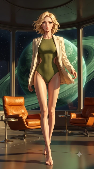 score_9, masterpiece, best quality, ultra-detailed, high-budget anime keyframe, editorial fashion photography, tasteful artistic composition, Caucasian woman, strictly human ears. low angle full-body shot from head to toe showing her feet, filling th