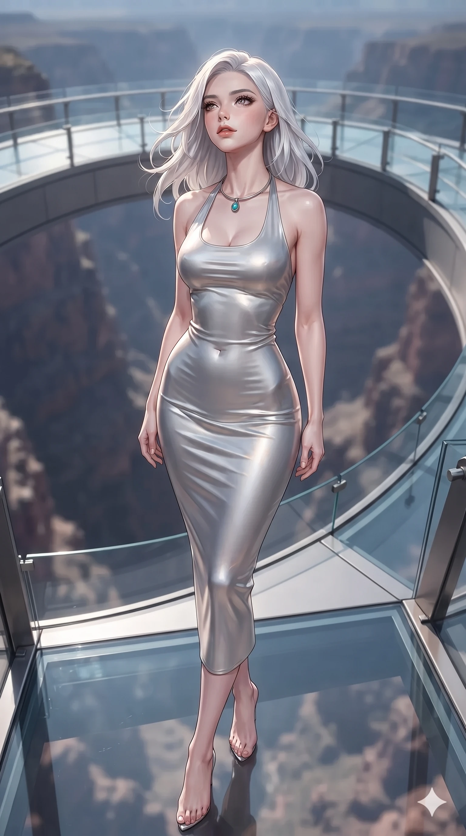 score_9, masterpiece, best quality, ultra-detailed, high-budget anime keyframe, editorial fashion photography, tasteful artistic composition, Korean woman. low angle full-body shot from head to toe showing her feet, filling the entire 9:16 vertical frame with her statuesque presence, stretching her vertical silhouette. sitting poised on the warm sandstone steps with one knee bent, arching her spine with supermodel elegance as she glances upward through thick eyelashes while standing poised at the outer horseshoe curve of the glass skywalk, arching her lower back with sovereign supermodel grace as canyon winds whip through her hair. The background shows a soft-focus high-altitude canyon chasm softened in glass skywalk promenade shallow focus. She has an absolutely perfect, statuesque 8.5-heads proportion, an exceptionally tall and slender model-like female figure with impossibly long slender legs, an ultra-slim waist, a flat toned midriff, narrow delicate ribcage, and beautifully sculpted feminine hips creating a graceful, slim hourglass silhouette without any bulky heaviness. sharp v-shaped jawline, high-bridge nose, sparkling eyes with hypnotic seductive depth, thick curled eyelashes, glossy parted lips with a natural dewy peach sheen, alluring bedroom-eyes with an enchanting coquettish smile, exuding magnetic siren charisma and sophisticated glamour, flawlessly proportioned anatomical accuracy, strict slender model proportions, natural body alignment, perfectly sculpted long slender limbs, ultra-slim waistline, clean dynamic posture without body distortion. wearing a form-fitting liquid mercury jersey halter dress clinging smoothly to her narrow waist and rounded hips in shimmering silver mercury and sunlit pearl, tailored from smooth liquid silk satin that adheres flawlessly over her curves with a dewy sheen, finished with a minimalist chrome choker and a single turquoise stone pendant, the liquid-tight tailored fabric clinging flawlessly to her narrow waist and rounded feminine hips, emphasizing every millimeter of her sculpted slim hourglass curves without any bulky heaviness. illuminated by glass floor bounce and sharp gold-cyan rim lights defining her razor-sharp jawline, narrow waist, and curvy hips. ultra-reflective glossy finish, specular highlights, rich textural contrasts, high-contrast stereoscopic depth, volumetric dynamic lighting, 2k, ultra detail, master piece, 9:16 ratio