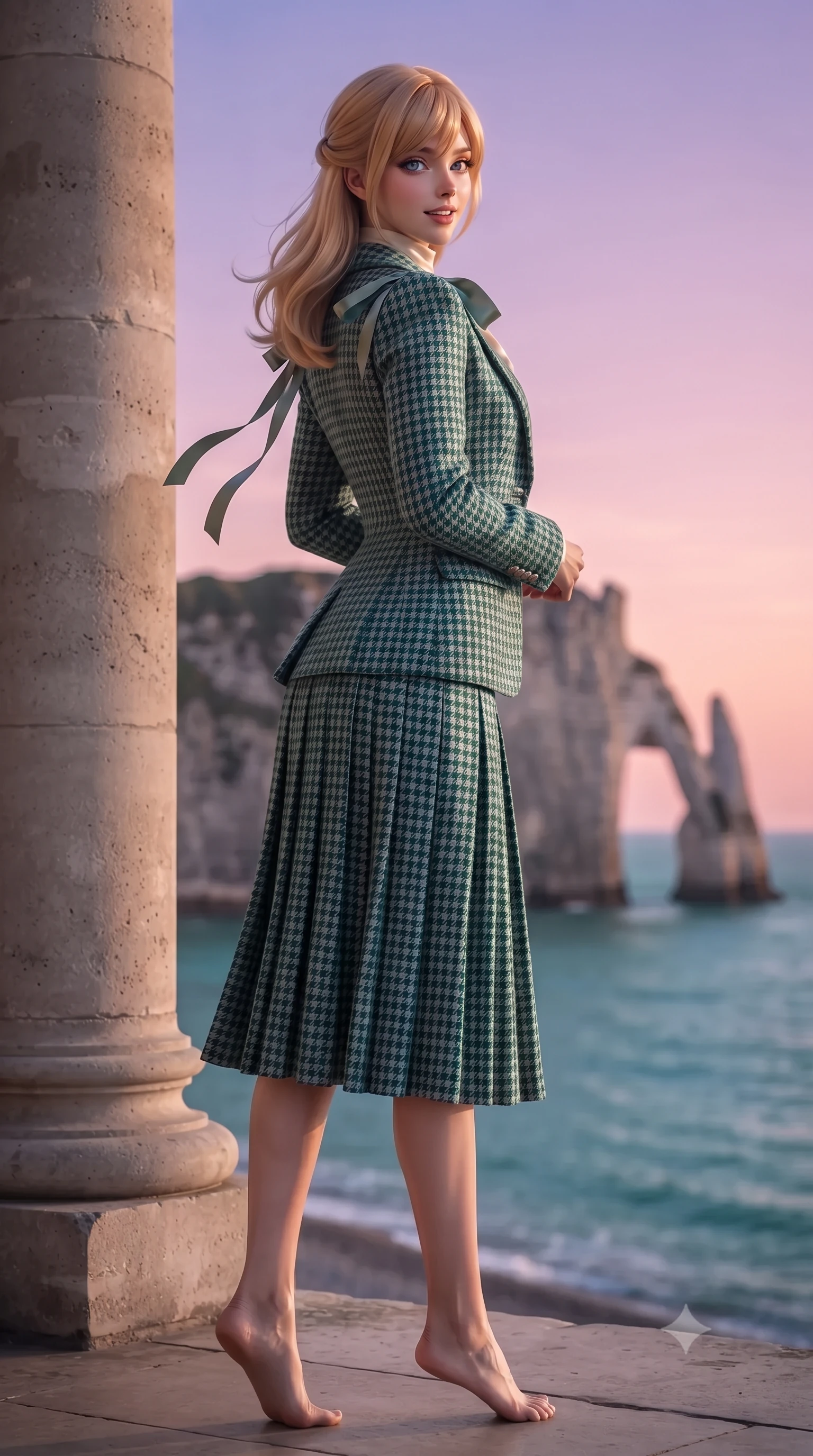 score_9, masterpiece, best quality, ultra-detailed, high-budget anime keyframe, editorial fashion photography, tasteful artistic composition, Caucasian woman. low angle full-body shot from head to toe showing her feet, filling the entire 9:16 vertical frame with her statuesque presence, stretching her vertical silhouette. standing tall beside the architectural column, one hand resting high while arching her lower back to emphasize her sculpted feminine hips and slender waist while posing in an alluring rear three-quarter angle with hips cocked back, glancing over her shoulder with an enchanting, parted-lip smile. The background shows a soft-focus monumental white chalk cliffs plunging into turquoise Channel waters, naturally carved rock arch, and rose-gold sunset sky blurred into alabaster, cyan, and rose bokeh. She has an exceptionally tall and slender model-like 8.5-heads proportion, an ultra-slim waist, a flat toned midriff, narrow delicate ribcage, and beautifully sculpted feminine hips creating a graceful, slim hourglass silhouette without any bulky heaviness, with impossibly long slender legs. sharp v-shaped jawline, high-bridge nose, intricate jewel-like sparkling eyes with depth, thick eyelashes, glossy parted lips with a natural peach sheen, bright cheerful beaming smile with an enchanting and coquettish sensual glint, exuding both youthful cute charm and seductive allure, flawlessly proportioned anatomical accuracy, strict slender model proportions, natural body alignment, perfectly sculpted long slender limbs, ultra-slim waistline, clean dynamic posture without body distortion. wearing a bespoke Normandy houndstooth equestrian blazer draped over a high-neck silk crepe blouse and pleated midi skirt in Art Nouveau malachite green and antique starlight silver, woven from structured British tweed with subtle metallic flecks, finished with satin ribbon ties at the shoulders fluttering in the gentle breeze, the impeccably tailored cut draping gracefully along her slender figure with aristocratic poise. bathed in saturated 2800K late-evening Normandy sunset alpenglow transitioning into violet dusk. ultra-reflective glossy finish, specular highlights, rich textural contrasts, high-contrast stereoscopic depth, volumetric dynamic lighting, 2k, ultra detail, master piece, 9:16 ratio