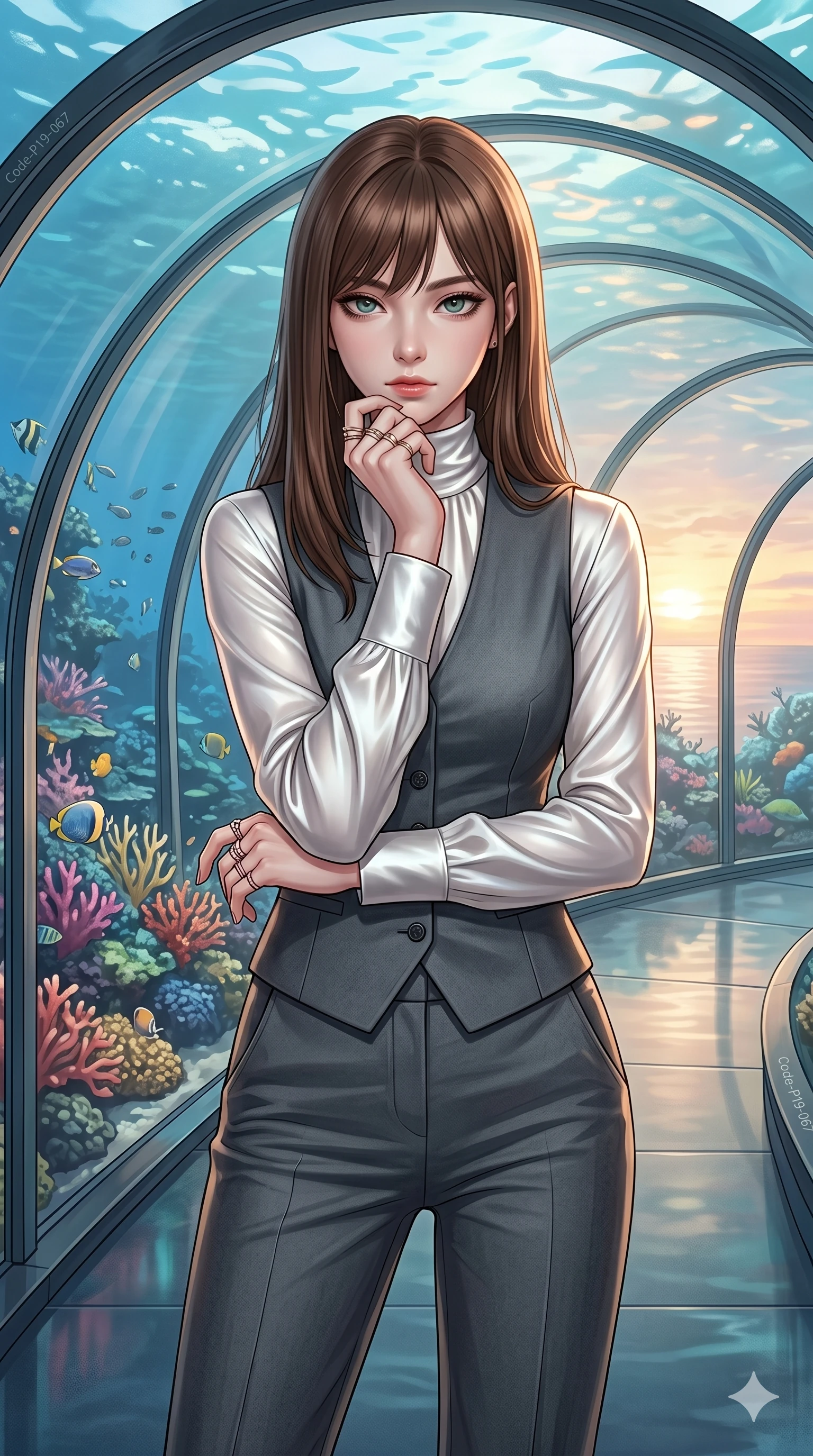 score_9, masterpiece, best quality, ultra-detailed, high-budget anime keyframe, editorial fashion photography, tasteful artistic composition, Korean woman. cowboy shot from the thighs up, character and outfit filling the frame for maximum editorial presence. resting her chin on her hand, looking directly at the camera with a confident, piercing gaze inside a seaside glass tunnel with views of a colorful coral reef (Code-P19-067). She has an absolutely perfect 8-heads proportion, an exceptionally tall and slender female figure with impossibly long slender legs and an ultra-slim waist. V-shaped jawline, high-bridge nose, intricate jewel-like eyes with depth, thick eyelashes, glossy lips with a natural sheen. wearing a high-neck long-sleeve shirt in white silk under a structured vest and pants. soft sunset light from the horizon, casting a magical aura on her. 2k, ultra detail, master piece, 9:16 ratio
