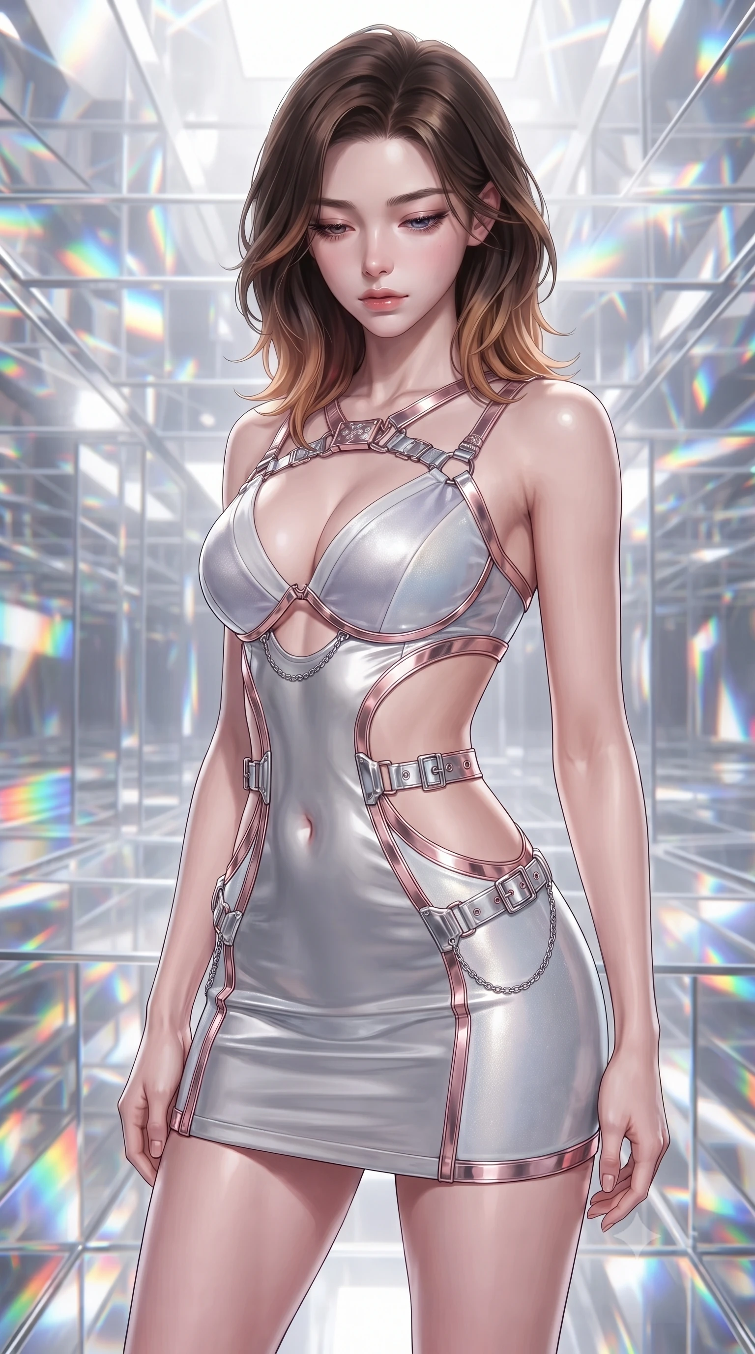 score_9, masterpiece, best quality, ultra-detailed, high-budget anime keyframe, editorial fashion photography, tasteful artistic composition, Korean woman. close-up cowboy shot from the waist and thighs up, the character dominates the composition, filling the frame with her large presence, background elements kept in soft focus. Looking down with lowered lashes and a composed, powerful aura, navigating a prism maze with infinite light reflections scattering into rainbow spectrums, high-contrast stereoscopic depth with crystal reflection layers. She has an exceptionally elegant, slender, and willowy female figure with an ultra-slim waist, a gracefully sculpted slender torso, and a refined silhouette. sharp v-shaped jawline, high-bridge nose, intricate jewel-like eyes with depth, thick eyelashes, glossy lips with a natural sheen. wearing dramatic open-waist cutout mini dress in opal velvet framed by chrome hardware in rose-gold pink, made of liquid mercury jersey, framed by polished silver buckles and delicate chain details, sculpting her athletic slender build with refined precision. bathed in high-contrast specular reflections against bright white ambiance. ultra-reflective glossy finish, specular highlights, metallic sheen, high-contrast stereoscopic depth, volumetric dynamic lighting, 2k, ultra detail, master piece, 9:16 ratio