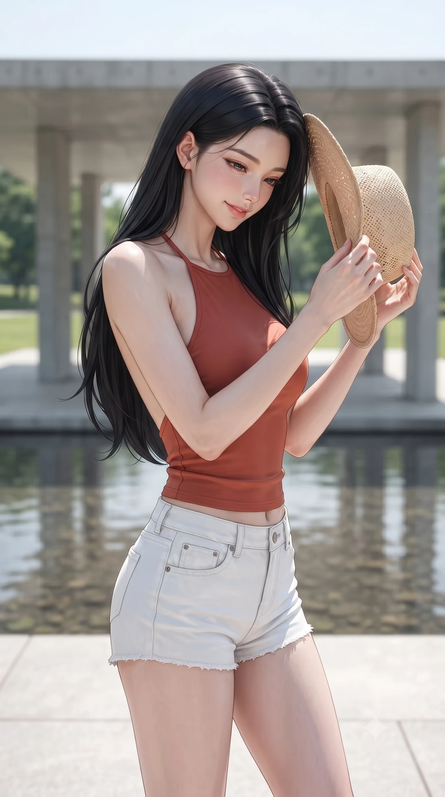 score_9, masterpiece, best quality, ultra-detailed, high-budget anime keyframe, editorial fashion photography, tasteful artistic composition, Korean woman woman. close-up cowboy shot from the waist and thighs up, the character dominates the composition, filling the frame with her large presence, background elements kept in soft focus. holding a wide-brimmed straw hat with both hands against the breeze, looking down with a soft smile the background shows a soft-focus a minimalist concrete pavilion in a green park, with water pools reflecting the structure. She has an exceptionally elegant, slender, and willowy female figure with an ultra-slim waist, a gracefully sculpted slender torso, and a refined silhouette. sharp v-shaped jawline, high-bridge nose, intricate jewel-like eyes with depth, thick eyelashes, glossy lips with a natural sheen. wearing a slim-fit backless halter top in terracotta red, paired with white denim micro-shorts. bright midday sun rays creating clean, sharp shadows and reflections. ultra-reflective glossy finish, specular highlights, metallic sheen, high-contrast stereoscopic depth, volumetric dynamic lighting, 2k, ultra detail, master piece, 9:16 ratio