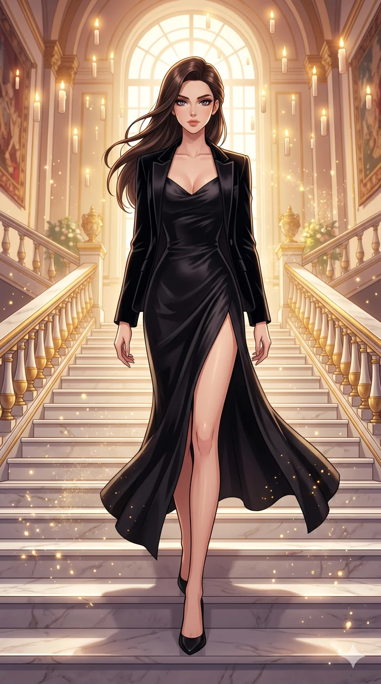 score_9, masterpiece, best quality, ultra-detailed, High-budget Anime Keyframe, beautiful Caucasian anime girl (strictly human ears). Dynamic full-body shot stretching the vertical silhouette with her statuesque presence. Descending a grand marble staircase in a palace filled with floating candles and gold dust. She has an absolutely perfect 8-heads proportion, an exceptionally tall and slender female figure with impossibly long slender legs and an ultra-slim waist. Sharp v-shaped jawline, high-bridge nose, intricate jewel-like eyes with depth, thick eyelashes, glossy lips with a natural sheen. Wearing a High-Fashion Editorial outfit: obsidian black silk slip dress with high side slit, backless velvet gown, structured blazer with nothing underneath. Background is a bright and colorful environment with cinematic lighting, dynamic particle effects, and high-contrast shadows. 2k, ultra detail, master piece, 9:16 ratio