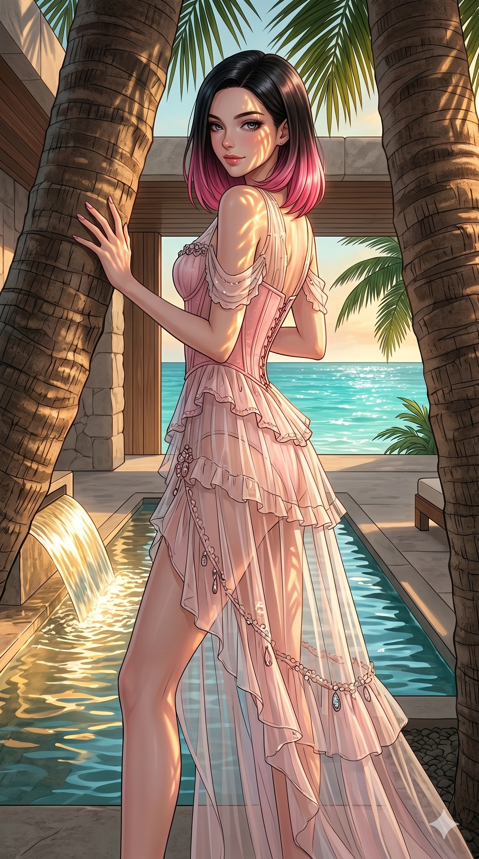 score_9, masterpiece, best quality, ultra-detailed, high-budget anime keyframe, editorial fashion photography, tasteful artistic composition, Korean woman. cowboy shot from the thighs up, character and outfit filling the frame for maximum editorial presence. resting one hand on a palm tree, looking over her shoulder with a bedroom-eyes smile in a luxury beachside spa overlooking the sparkling turquoise sea (Code-P19-195). She has an absolutely perfect 8-heads proportion, an exceptionally tall and slender female figure with impossibly long slender legs and an ultra-slim waist. V-shaped jawline, high-bridge nose, intricate jewel-like eyes with depth, thick eyelashes, glossy lips with a natural sheen. wearing a sheer chiffon dress with a pink corset bodice. illuminated by golden reflections from the rushing valley water, creating dancing light patterns on her face. 2k, ultra detail, master piece, 9:16 ratio