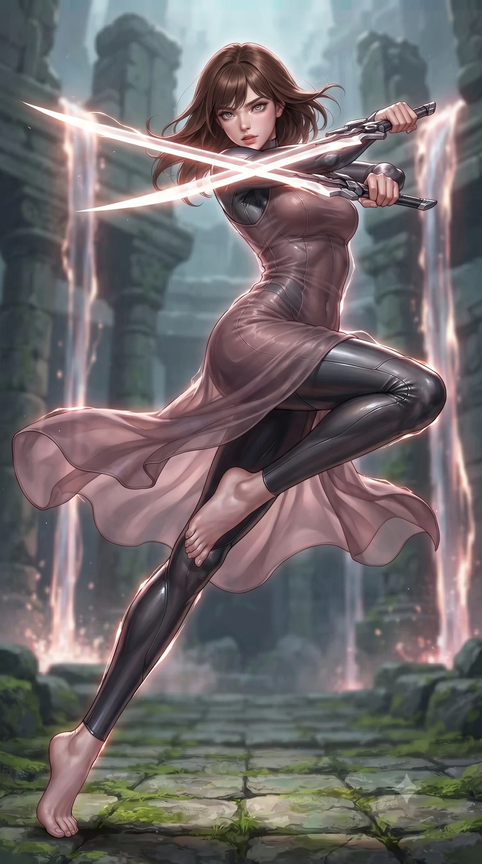 score_9, masterpiece, best quality, ultra-detailed, high-budget anime keyframe, editorial fashion photography, tasteful artistic composition, Korean woman. low angle full-body shot from head to toe showing her feet, filling the entire 9:16 vertical frame with her statuesque presence, stretching her vertical silhouette. leaping forward while slashing with a twin-bladed plasma sword in mid-air, her body-contouring suit showing her athletic silhouette, the background shows a soft-focus ancient stone ruins built next to a cascade of glowing liquid energy. She has an absolutely perfect, statuesque 8.5-heads proportion, an exceptionally tall and slender model-like female figure with impossibly long slender legs and an ultra-slim waist. sharp v-shaped jawline, high-bridge nose, intricate jewel-like eyes with depth, thick eyelashes, glossy lips with a natural sheen. wearing a body-hugging sheer organza dress in dusty mauve, showing her slender torso and willowy silhouette. cascades of glowing liquid plasma energy tracing a rim light on her form. ultra-reflective glossy finish, specular highlights, metallic sheen, high-contrast stereoscopic depth, volumetric dynamic lighting, 2k, ultra detail, master piece, 9:16 ratio