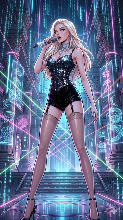 score_9, masterpiece, best quality, ultra-detailed, high-budget anime movie keyframe, cinematic anime lighting, intricate line art, Caucasian (strictly human ears) woman. Low angle cowboy shot filling the entire 9:16 frame with her statuesque presenc