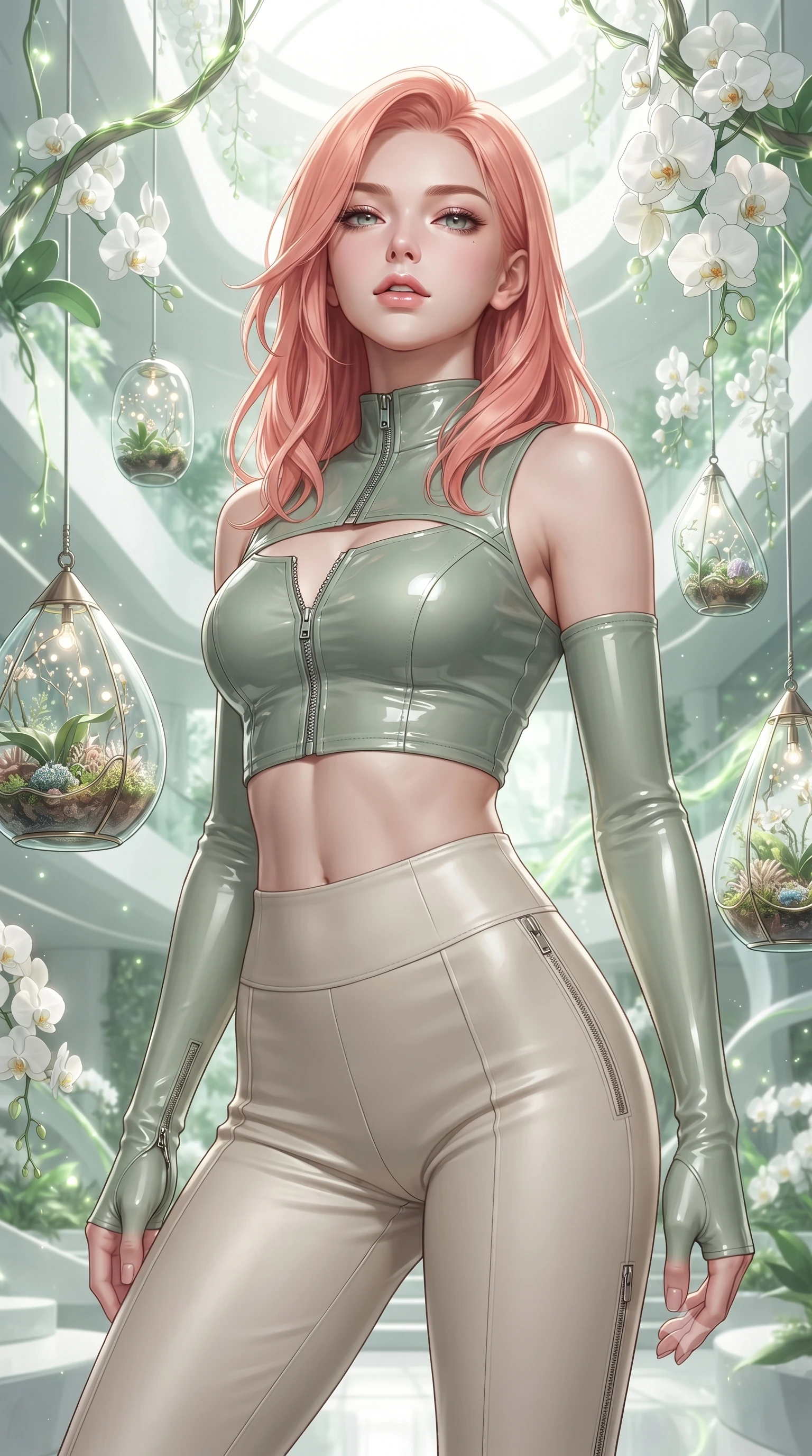 score_9, masterpiece, best quality, ultra-detailed, high-budget anime keyframe, editorial fashion photography, tasteful artistic composition, Japanese woman. close-up cowboy shot from the waist and thighs up, the character dominates the composition, filling the frame with her large presence, background elements kept in soft focus. Tilting her chin up slightly with lips parted in a magnetic, composed expression surrounded by floating glass terrariums and radiant biomorphic vines, lush green vines and white orchids framing the bright architectural backdrop. She has an exceptionally elegant, slender, and willowy female figure with an ultra-slim waist, a gracefully sculpted slender torso, and a refined silhouette. sharp v-shaped jawline, high-bridge nose, intricate jewel-like eyes with depth, thick eyelashes, glossy lips with a natural sheen. wearing a glossy vinyl crop top and high-waist tailored leggings with sleek zippers in sage green and oatmeal, crafted from smooth liquid silk, accented with a Tasteful chest slit framing her clavicle gracefully, the glove-like fit emphasizing her statuesque silhouette. surrounded by a bright, airy ambiance with radiant white and green highlights. ultra-reflective glossy finish, specular highlights, metallic sheen, high-contrast stereoscopic depth, volumetric dynamic lighting, 2k, ultra detail, master piece, 9:16 ratio