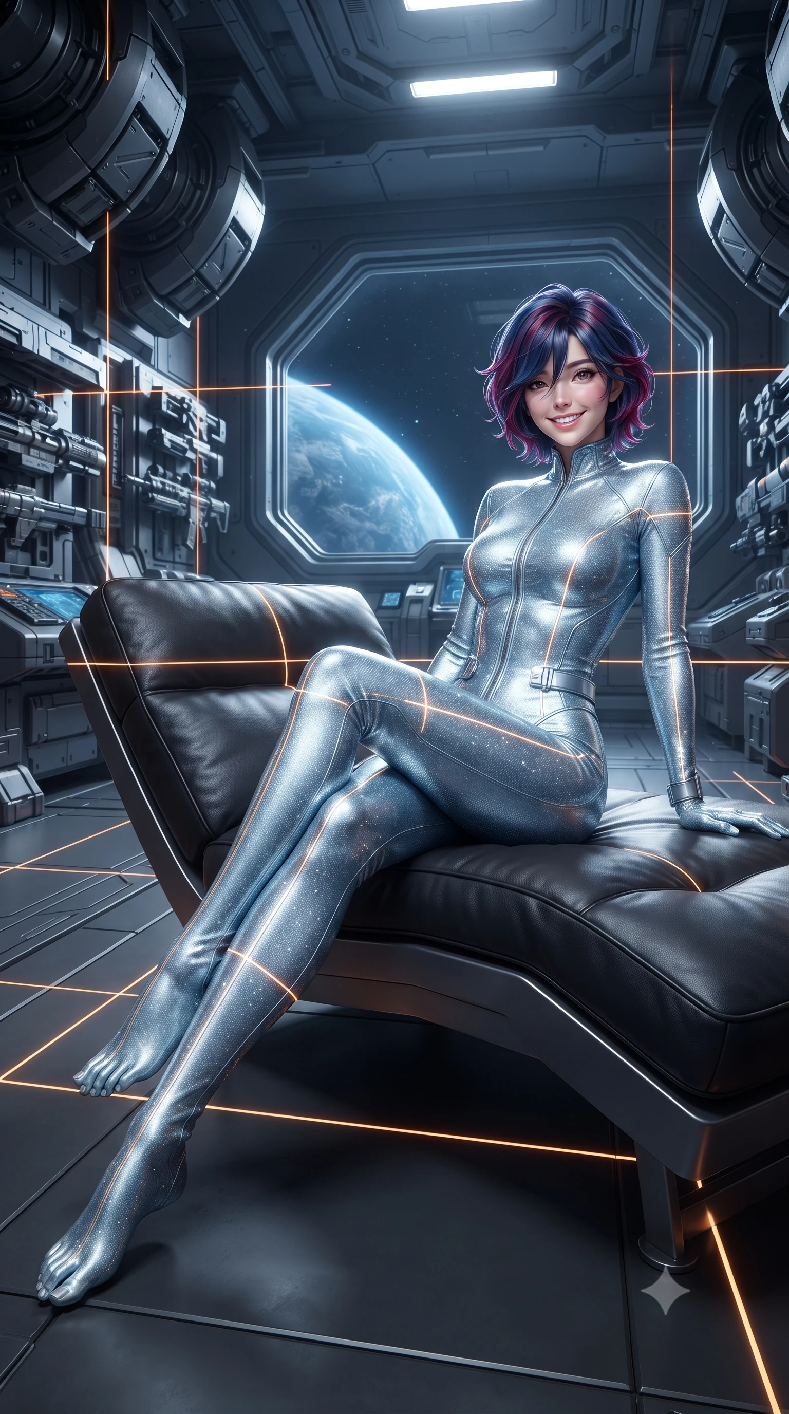 score_9, masterpiece, best quality, ultra-detailed, high-budget anime keyframe, editorial fashion photography, tasteful artistic composition, Korean woman. low angle full-body shot from head to toe showing her feet, filling the entire 9:16 vertical frame with her statuesque presence, stretching her vertical silhouette. reclining gracefully across the plush chaise lounge with one leg extended, her sculpted silhouette and flat midriff radiating magnetic nocturnal glamour while sitting gracefully on the floating magnetic inspection platform with legs crossed, flashing a teasing smile with parted glossy lips. The surrounding environment is rendered in vivid detail and crisp panoramic clarity: detailed garment construction, tactical leather sheen, and monumental orbital weapons bay in high resolution. She has an exceptionally tall and slender model-like 8.5-heads proportion, an ultra-slim waist, a flat toned midriff, narrow delicate ribcage, and beautifully sculpted feminine hips creating a graceful, slim hourglass silhouette without any bulky heaviness, with impossibly long slender legs. sharp v-shaped jawline, high-bridge nose, intricate jewel-like sparkling eyes with depth, thick eyelashes, glossy parted lips with a natural peach sheen, bright cheerful beaming smile with an enchanting and coquettish sensual glint, exuding both youthful cute charm and seductive allure, flawlessly proportioned anatomical accuracy, strict slender model proportions, natural body alignment, perfectly sculpted long slender limbs, ultra-slim waistline, clean dynamic posture without body distortion. wearing a glove-like stretch carbon-fiber weave catsuit with metallic sheen outlining every millimeter of her statuesque 8.5-heads silhouette in arctic cryo-glacier ice blue and platinum white, woven from stretch metallic lurex jersey casting radiant starlight glints across her curves, finished with sleek magnetic buckle closures fluttering in the breeze, the bespoke structured tailoring following the natural line of her 8.5-heads silhouette with refined elegance. bathed in crisp white 5000K inspection spotlights combined with glowing amber laser alignment grids. ultra-reflective glossy finish, specular highlights, rich textural contrasts, high-contrast stereoscopic depth, volumetric dynamic lighting, 2k, ultra detail, master piece, 9:16 ratio