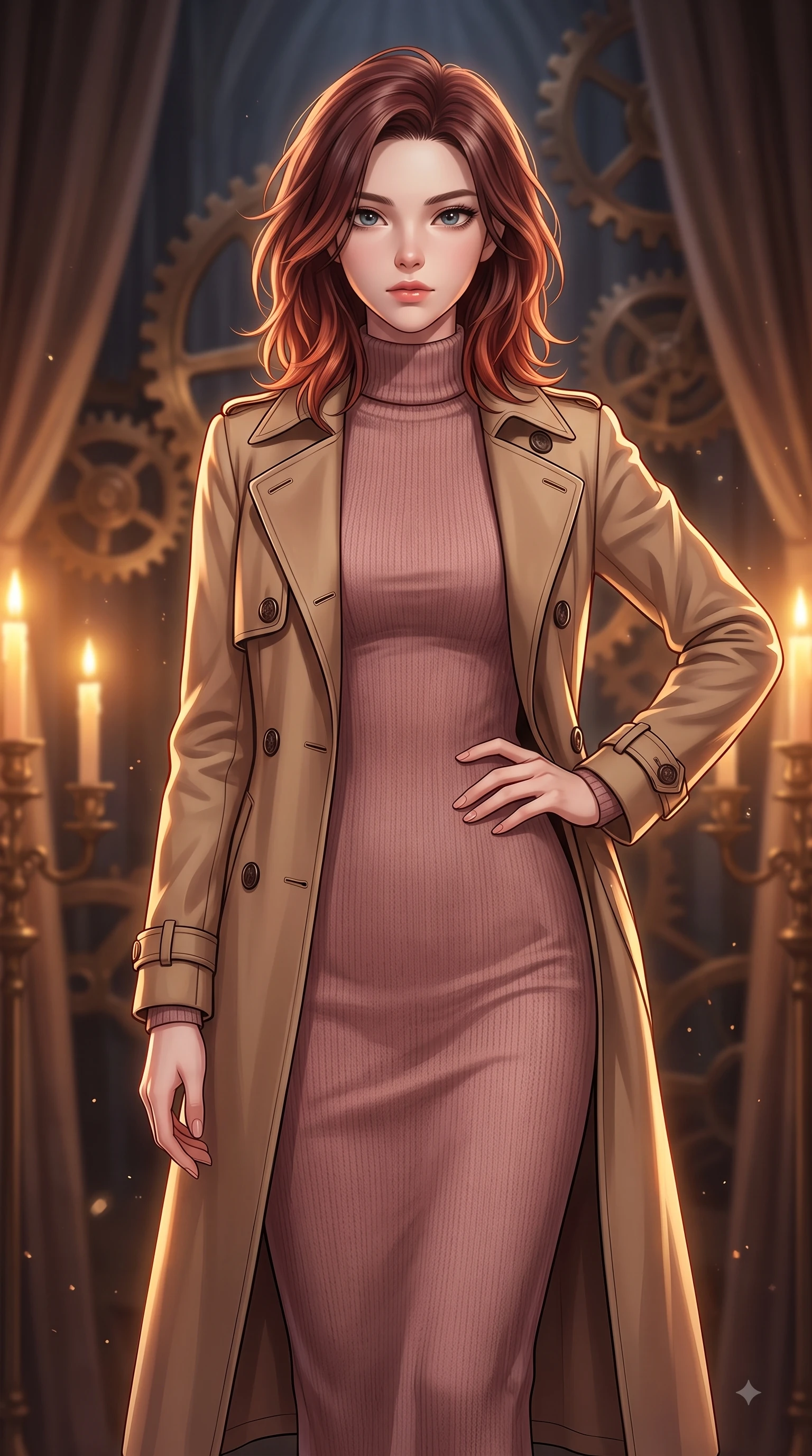 score_9, masterpiece, best quality, ultra-detailed, high-budget anime keyframe, editorial fashion photography, tasteful artistic composition, Korean woman woman. close-up cowboy shot from the waist and thighs up, the character dominates the composition, filling the frame with her large presence, background elements kept in soft focus. She has an exceptionally elegant, slender, and willowy female figure with an ultra-slim waist, a gracefully sculpted slender torso, and a refined silhouette. holding a confident power pose with one hand on her hip, looking directly into the camera with quiet self-assurance, flawlessly proportioned anatomical accuracy, natural body alignment, perfectly sculpted elegant limbs, clean dynamic posture without body distortion. set against a soft-focus background of a high space cathedral nave with rotating bronze gears and velvet drapes. wearing a classic tailored trench coat over a high-neck dusty rose knit midi dress. bathed in dramatic chiaroscuro key light with flickering golden candlelight. highly saturated vibrant anime colors, detailed shading with soft gradients, rich glossy textures, high-contrast stereoscopic depth, volumetric dynamic lighting, master piece, 9:16 ratio