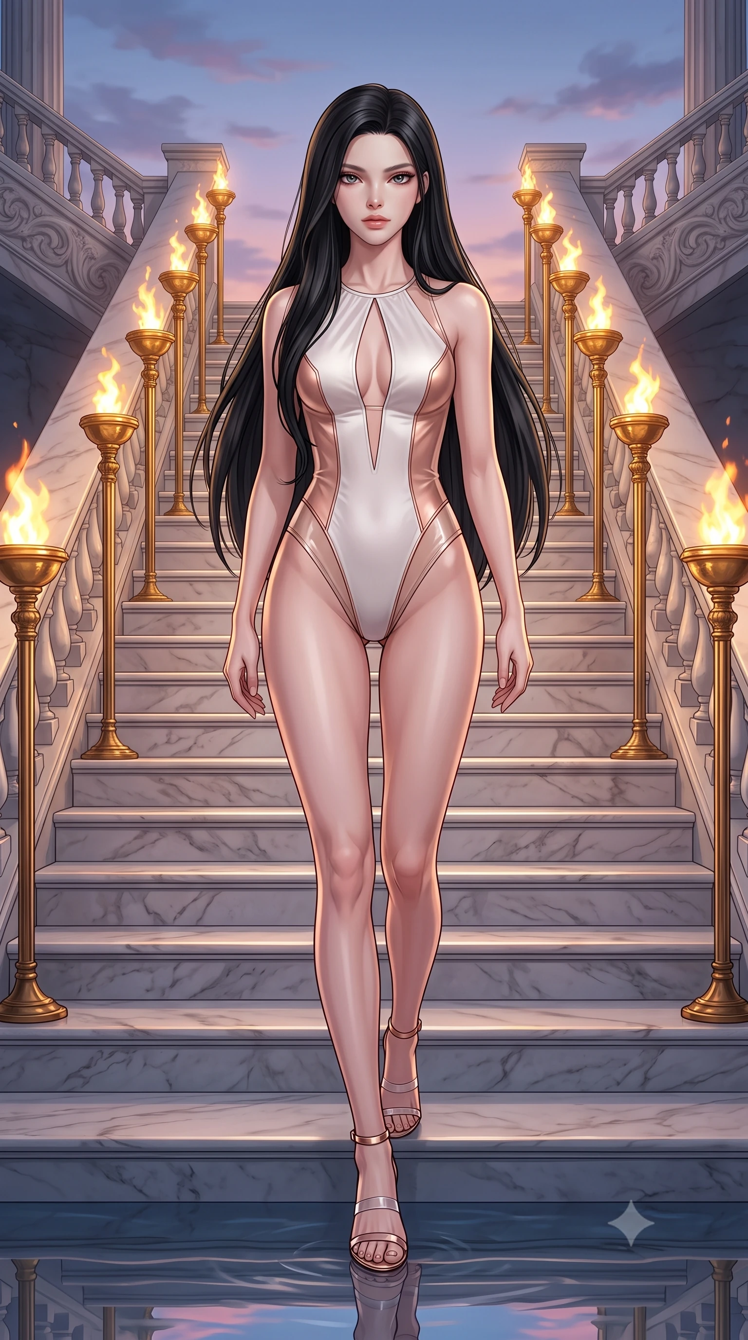score_9, masterpiece, best quality, ultra-detailed, high-budget anime keyframe, editorial fashion photography, tasteful artistic composition, Korean woman. low angle full-body shot from head to toe showing her feet, filling the entire 9:16 vertical frame with her statuesque presence, stretching her vertical silhouette. forging dynamically through the scene, her vertical silhouette beautifully stretched descending a grand marble staircase flanked by golden torch flames at dusk, still pool waters reflecting her slender silhouette and the open sky. She has an absolutely perfect, statuesque 8.5-heads proportion, an exceptionally tall and slender model-like female figure with impossibly long slender legs and an ultra-slim waist. sharp v-shaped jawline, high-bridge nose, intricate jewel-like eyes with depth, thick eyelashes, glossy lips with a natural sheen. wearing a high-cut translucent vinyl leotard with front paneling and open back in pearl white and rose gold, crafted from smooth liquid silk, accented with a Tasteful chest slit framing her clavicle gracefully, the tailored fabric tightly following every curve of her athletic build. lit by brilliant warm key light softening into smooth, elegant gradients. highly saturated vibrant anime colors, detailed shading with soft gradients, rich glossy textures, high-contrast stereoscopic depth, volumetric dynamic lighting, master piece, 9:16 ratio