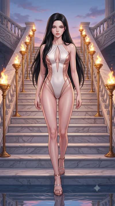 score_9, masterpiece, best quality, ultra-detailed, high-budget anime keyframe, editorial fashion photography, tasteful artistic composition, Korean woman. low angle full-body shot from head to toe showing her feet, filling the entire 9:16 vertical f