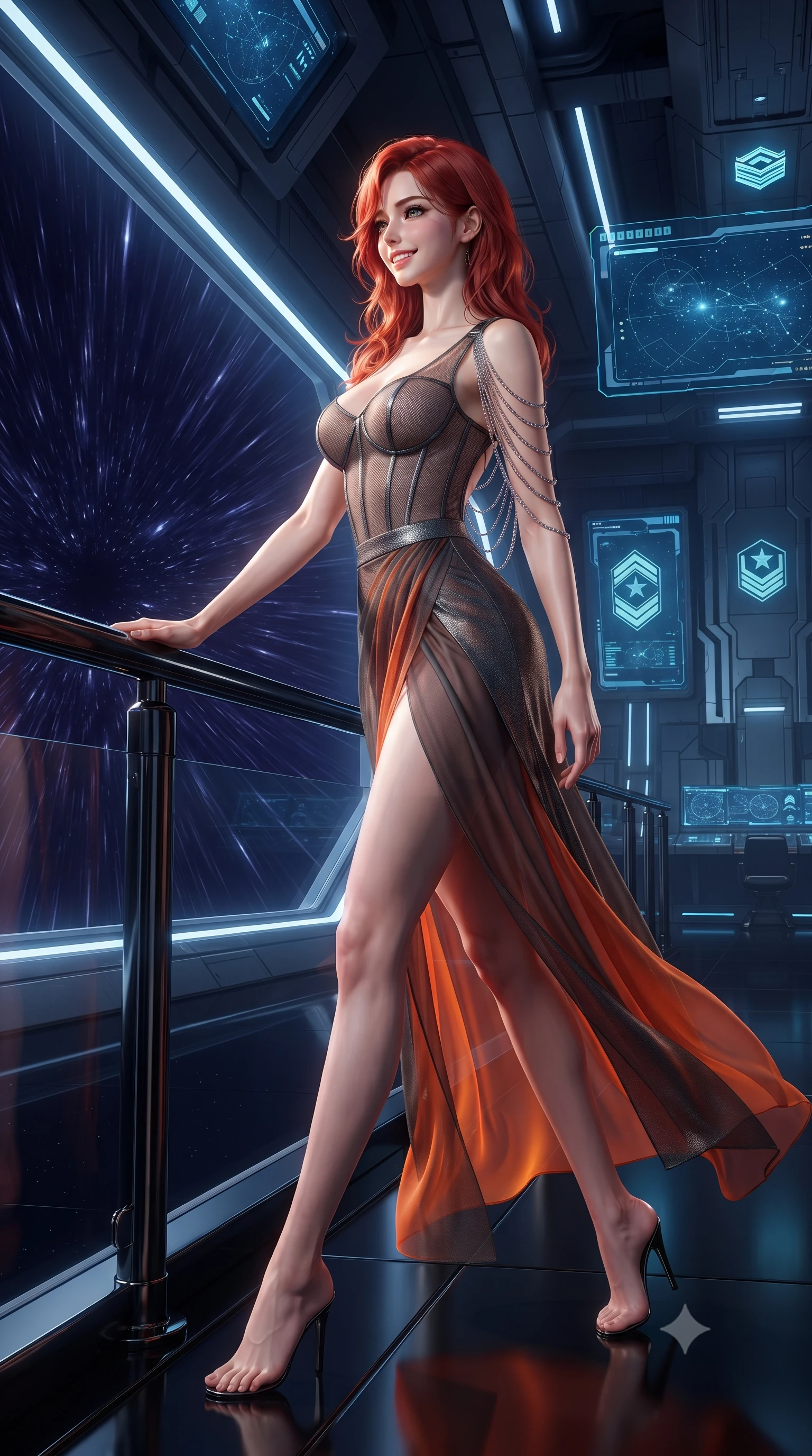 score_9, masterpiece, best quality, ultra-detailed, high-budget anime keyframe, editorial fashion photography, tasteful artistic composition, Korean woman. low angle full-body shot from head to toe showing her feet, filling the entire 9:16 vertical frame with her statuesque presence, stretching her vertical silhouette. stepping forward in a confident stride, her long slender legs and curvaceous hips creating a dynamic, sweeping vertical line while leaning against the black chrome balustrade with hips cocked back, looking through the deep indigo void at the shimmering hyperspace warp gate with intoxicating smoldering bedroom-eyes. The surrounding environment is rendered in vivid detail and crisp panoramic clarity: detailed tactical gown tailoring, futuristic rank insignia, and monumental interstellar starship architecture in high resolution. She has an exceptionally tall and slender model-like 8.5-heads proportion, an ultra-slim waist, a flat toned midriff, narrow delicate ribcage, and beautifully sculpted feminine hips creating a graceful, slim hourglass silhouette without any bulky heaviness, with impossibly long slender legs. sharp v-shaped jawline, high-bridge nose, intricate jewel-like sparkling eyes with depth, thick eyelashes, glossy parted lips with a natural peach sheen, bright cheerful beaming smile with an enchanting and coquettish sensual glint, exuding both youthful cute charm and seductive allure, flawlessly proportioned anatomical accuracy, strict slender model proportions, natural body alignment, perfectly sculpted long slender limbs, ultra-slim waistline, clean dynamic posture without body distortion. wearing a provocative translucent mesh corset bodice with boned satin channels paired with a sheer chiffon wrap maxi skirt in volcanic ember orange and brushed gunmetal, tailored from high-density tech-wool with subtle metallic thread weave, accented with an open-back drape framed by falling strands of delicate chrome chains, the impeccably tailored cut draping gracefully along her slender figure with aristocratic poise. illuminated by dark obsidian deck bounce and sharp indigo-platinum rim lights defining her razor-sharp jawline, narrow waist, and curvy hips. ultra-reflective glossy finish, specular highlights, rich textural contrasts, high-contrast stereoscopic depth, volumetric dynamic lighting, 2k, ultra detail, master piece, 9:16 ratio