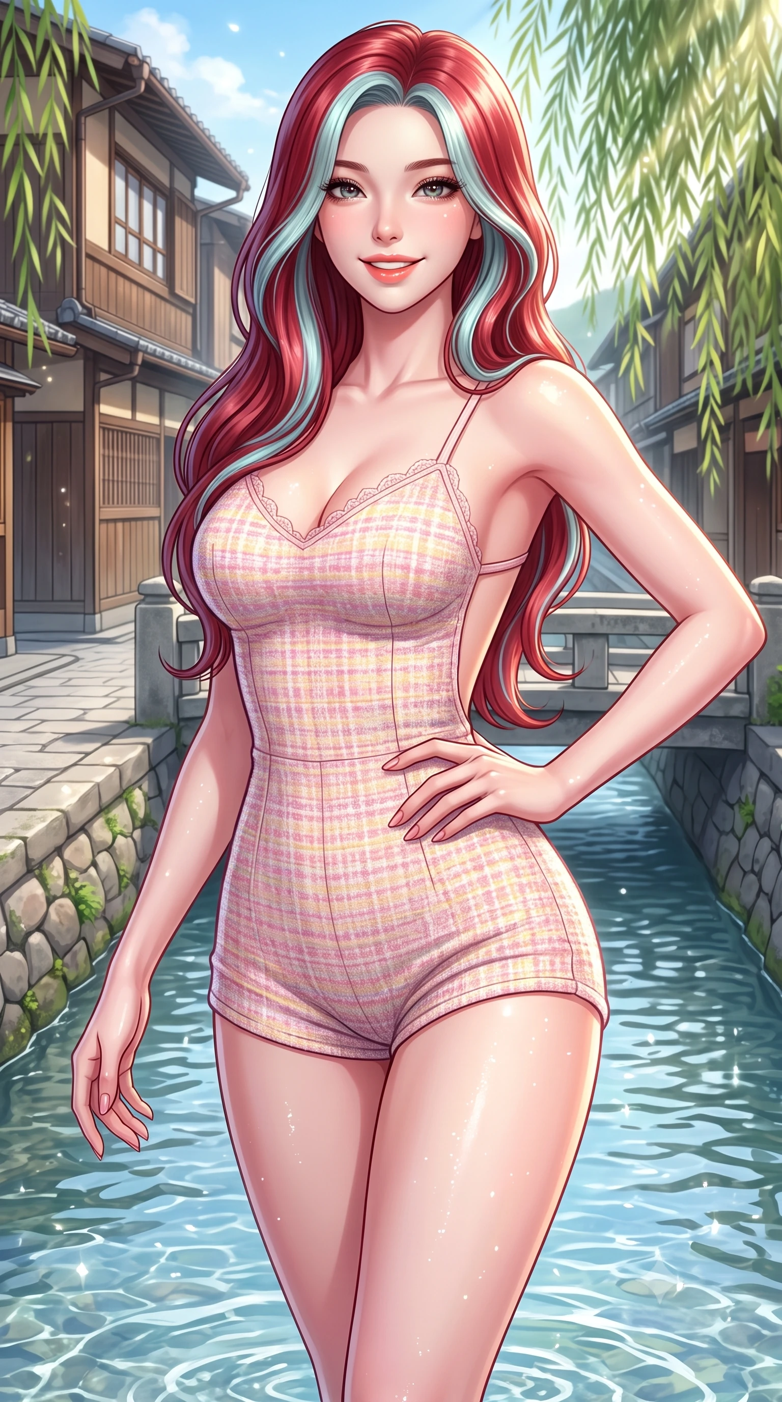 score_9, masterpiece, best quality, ultra-detailed, high-budget anime keyframe, semi-realistic 3D game render, editorial fashion photography, tasteful artistic composition, Caucasian woman. close-up cowboy shot from the waist and thighs up, the character dominates the composition, filling the frame with her large presence. twisting her slender torso in an alluring contrapposto stance, one hand resting on her sculpted hip while flashing a radiant, playful smile with parted glossy lips while walking dynamically along the crystal-clear shallow canal, her form-hugging outfit accentuating her narrow waist and curvy hips in the gentle breeze. The surrounding environment is rendered in vivid detail and crisp panoramic clarity. detailed silk dress weave, dappled sunbeams on skin, and Gion Shirakawa architecture in high resolution. She has an exceptionally elegant, slender, and willowy female figure with an ultra-slim waist, flat toned midriff, narrow ribcage, and sculpted feminine hips creating an alluring, slim hourglass silhouette without bulk. sharp v-shaped jawline, high-bridge nose, intricate jewel-like sparkling eyes with depth, thick eyelashes, glossy parted lips with a natural peach sheen, bright cheerful beaming smile with an enchanting and coquettish sensual glint, exuding both youthful cute charm and seductive allure, flawlessly proportioned anatomical accuracy, strict slender model proportions, natural body alignment, perfectly sculpted long slender limbs, ultra-slim waistline, clean dynamic posture without body distortion. wearing a second-skin stretch cotton camisole romper with high-cut leg openings and an open back in sweet strawberry milk pink and butter yellow, tailored from soft pastel tweed with subtle metallic shimmer, finished with delicate lace scallop edging along the neckline, the high-waisted tailoring accentuating her ultra-slim waistline and the enchanting curve of her feminine hips with alluring charm. bathed in soft, sparkling morning sunbeams filtering through willow fronds onto the canal. highly saturated vibrant anime colors, detailed shading with soft gradients, rich glossy textures, high-contrast stereoscopic depth, volumetric dynamic lighting, master piece, 9:16 ratio
